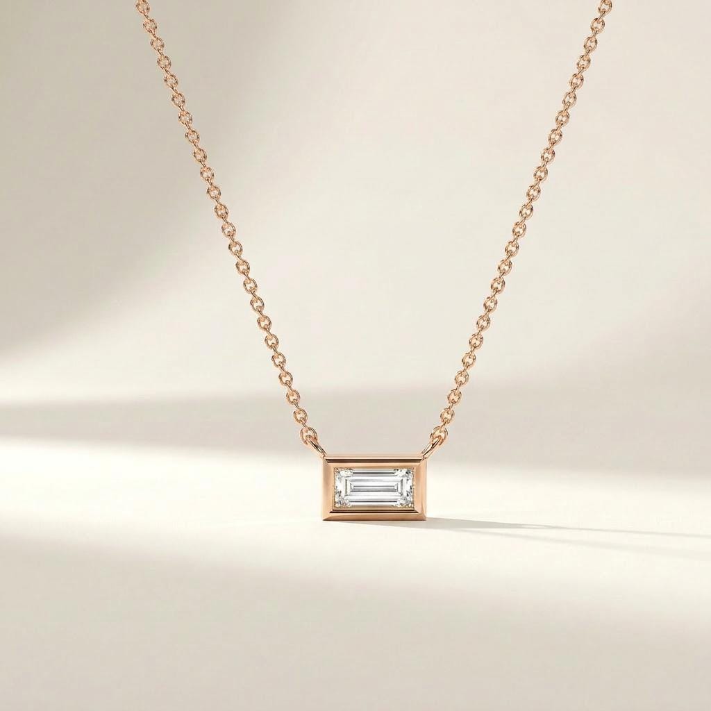 Baguette Diamond Solitaire Dainty Bezel Set 14K Solid Gold Pendant Necklace