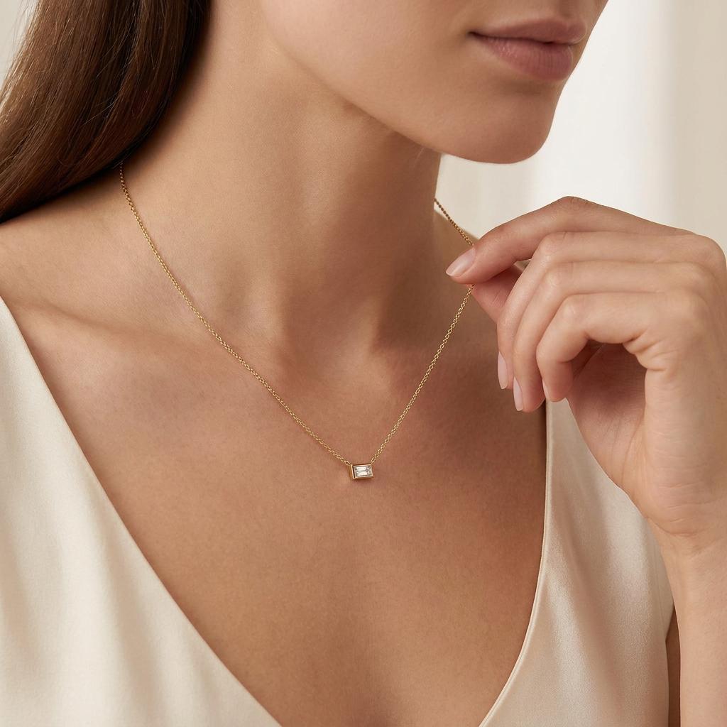 Baguette Diamond Solitaire Dainty Bezel Set 14K Solid Gold Pendant Necklace