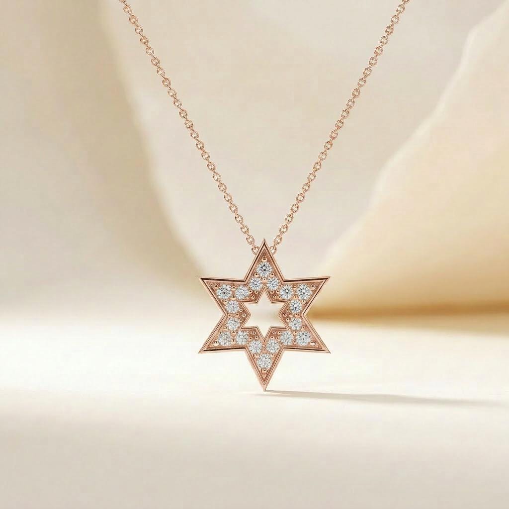 Round Diamond Dainty Star Of David 14K Solid Gold Pendant Necklace