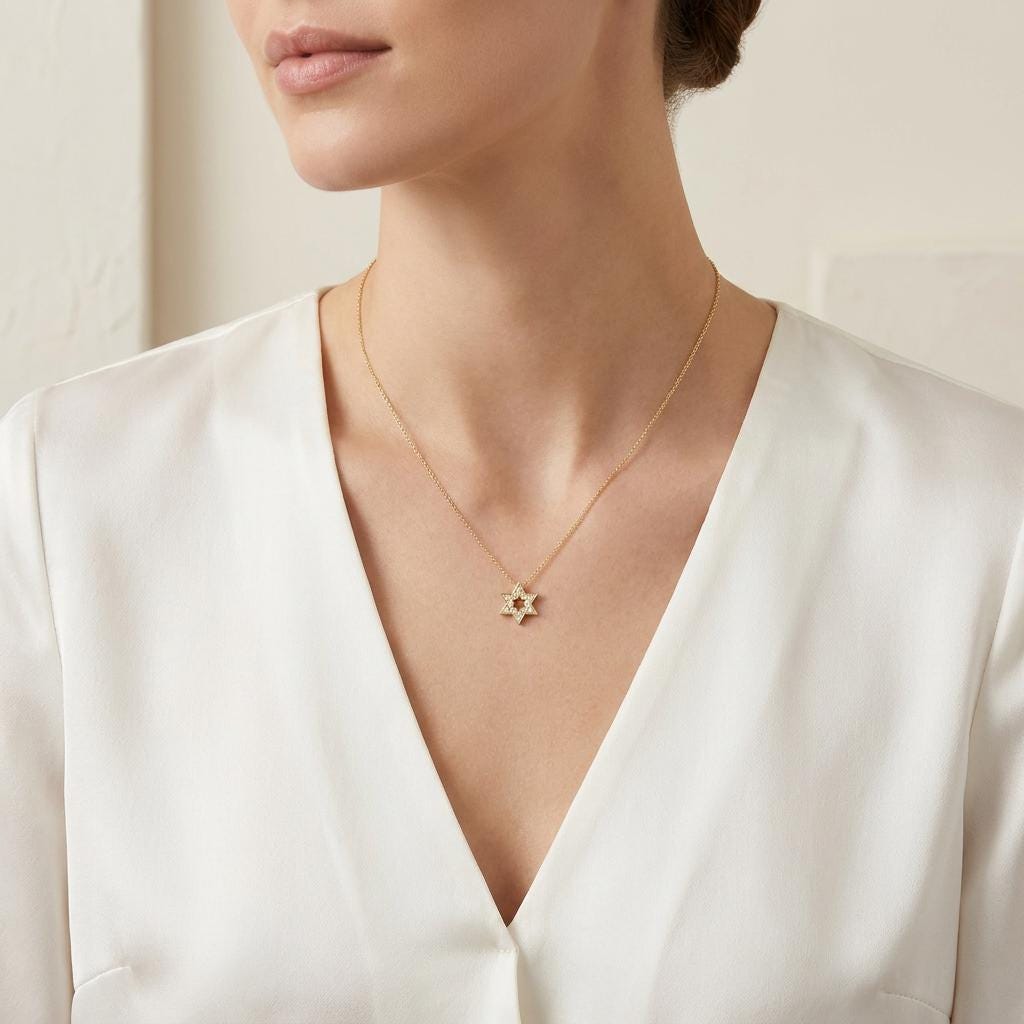 Round Diamond Dainty Star Of David 14K Solid Gold Pendant Necklace