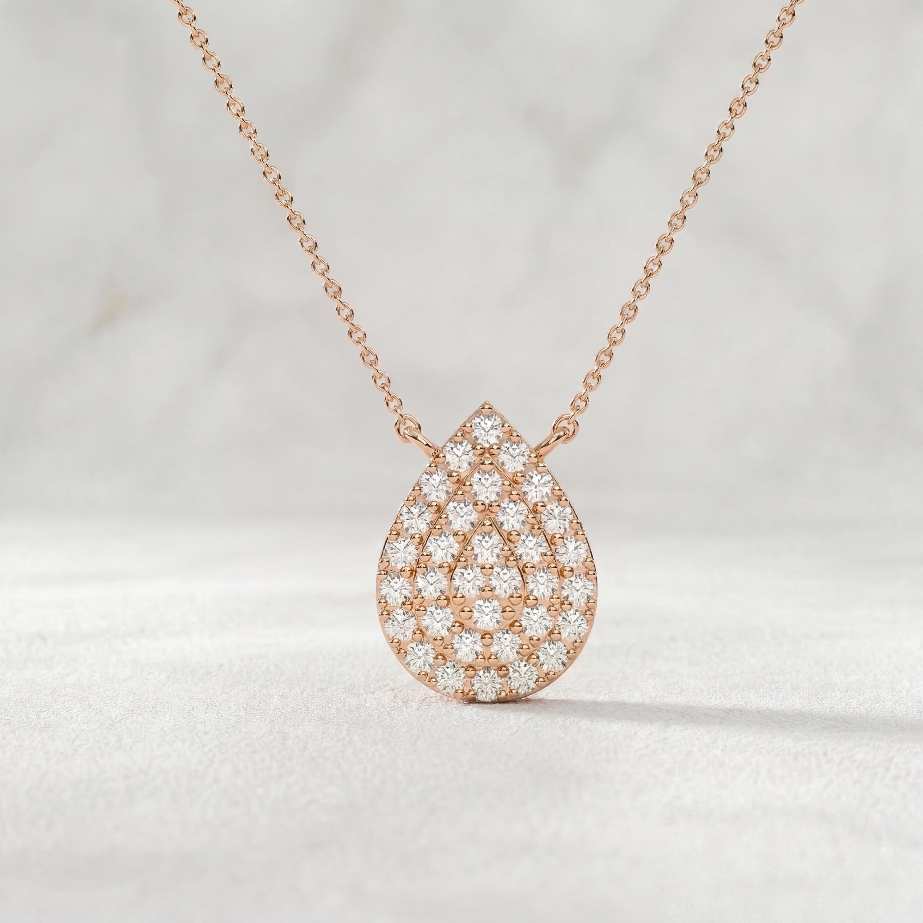 Round Pave Diamond Dainty Pear Shape 14K Solid Gold Pendant Necklace