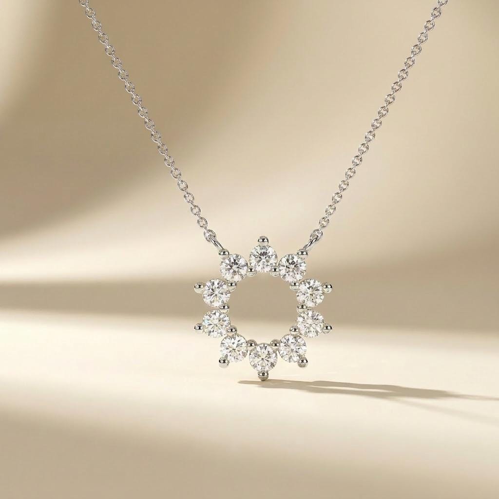 Round Diamond Open Circle Dainty Starburst 14K Solid Gold Pendant Necklace