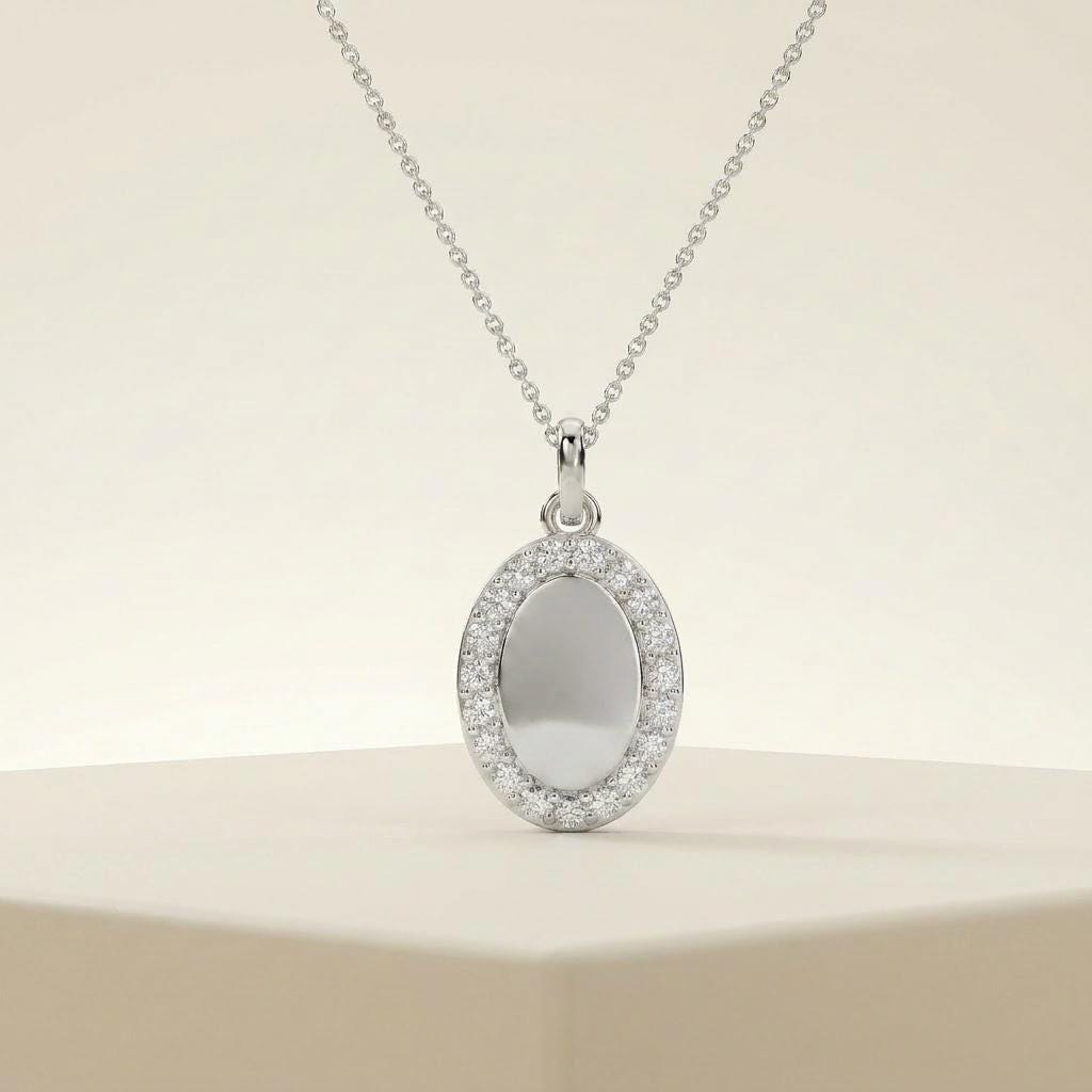 Oval Diamond Halo Disc 14K Solid Gold Pendant Necklace