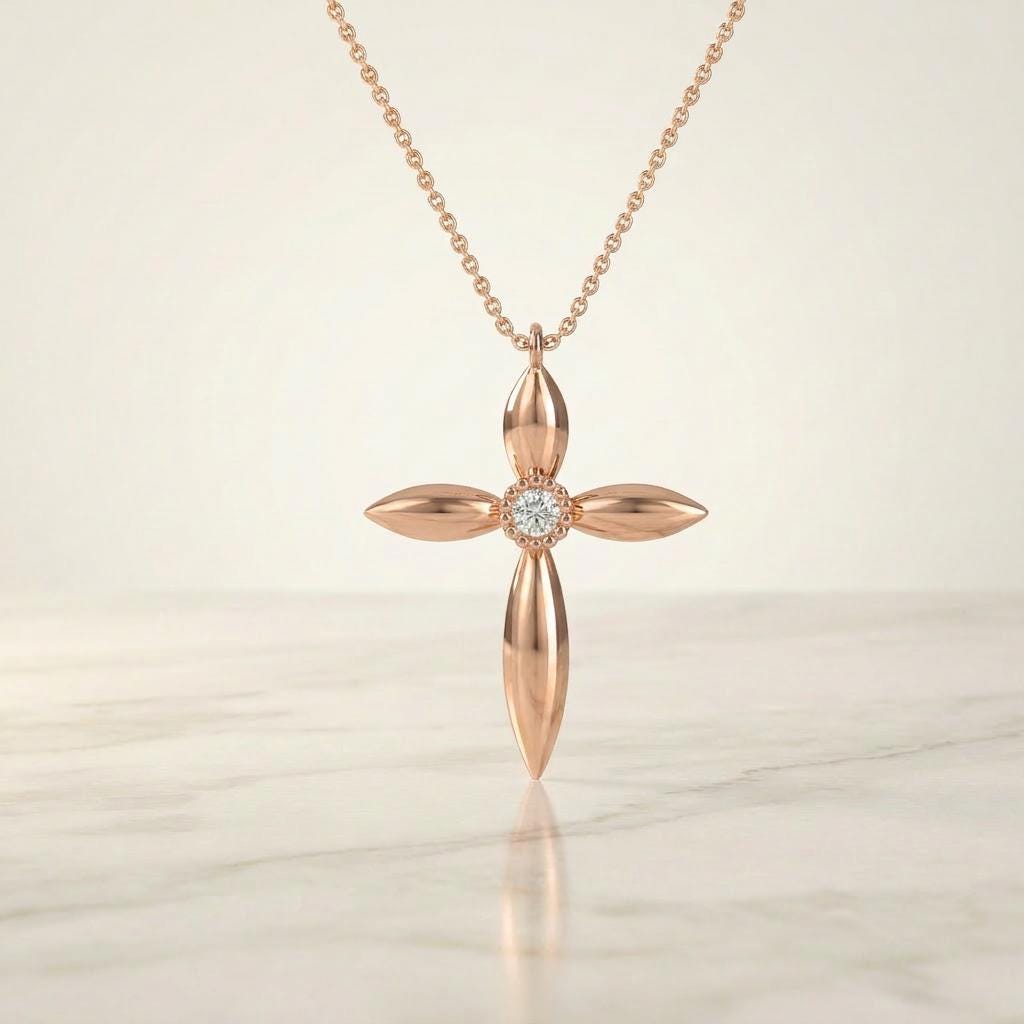 Round Diamond Solitaire Petal Cross 14K Solid Gold Pendant Necklace