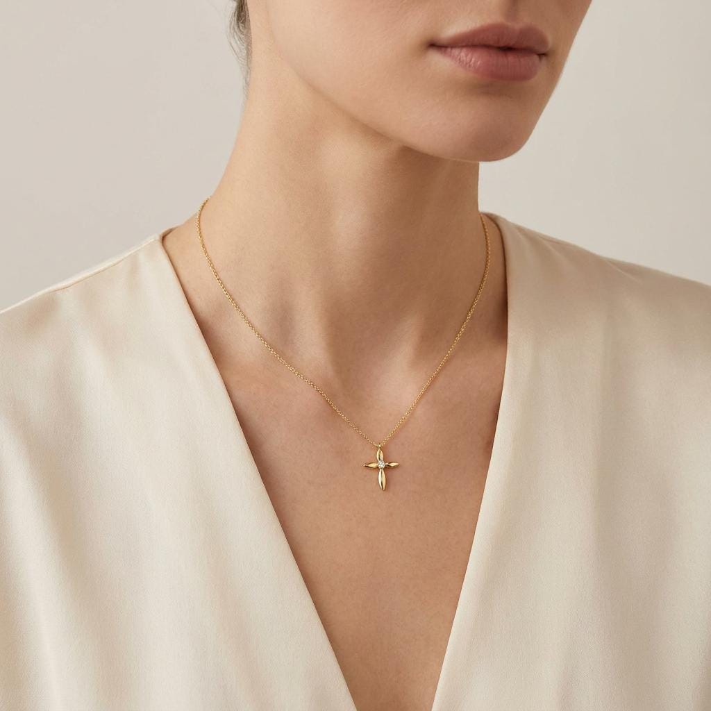 Round Diamond Solitaire Petal Cross 14K Solid Gold Pendant Necklace