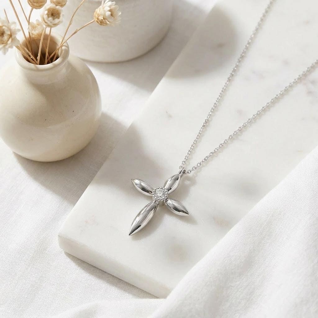 Round Diamond Solitaire Petal Cross 14K Solid Gold Pendant Necklace