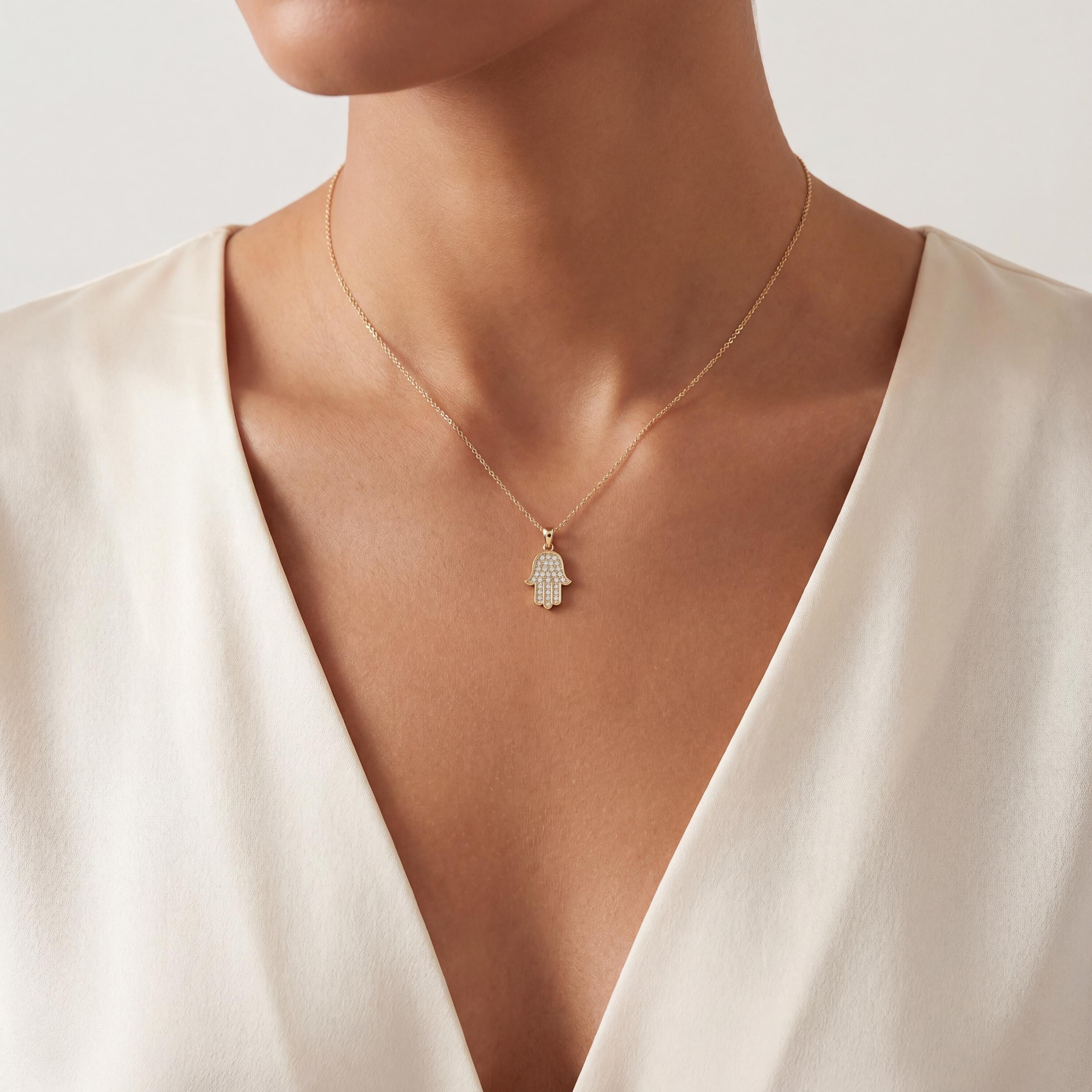Round Diamond Dainty Prong Set Hamsa Hand 14K Solid Gold Pendant Necklace