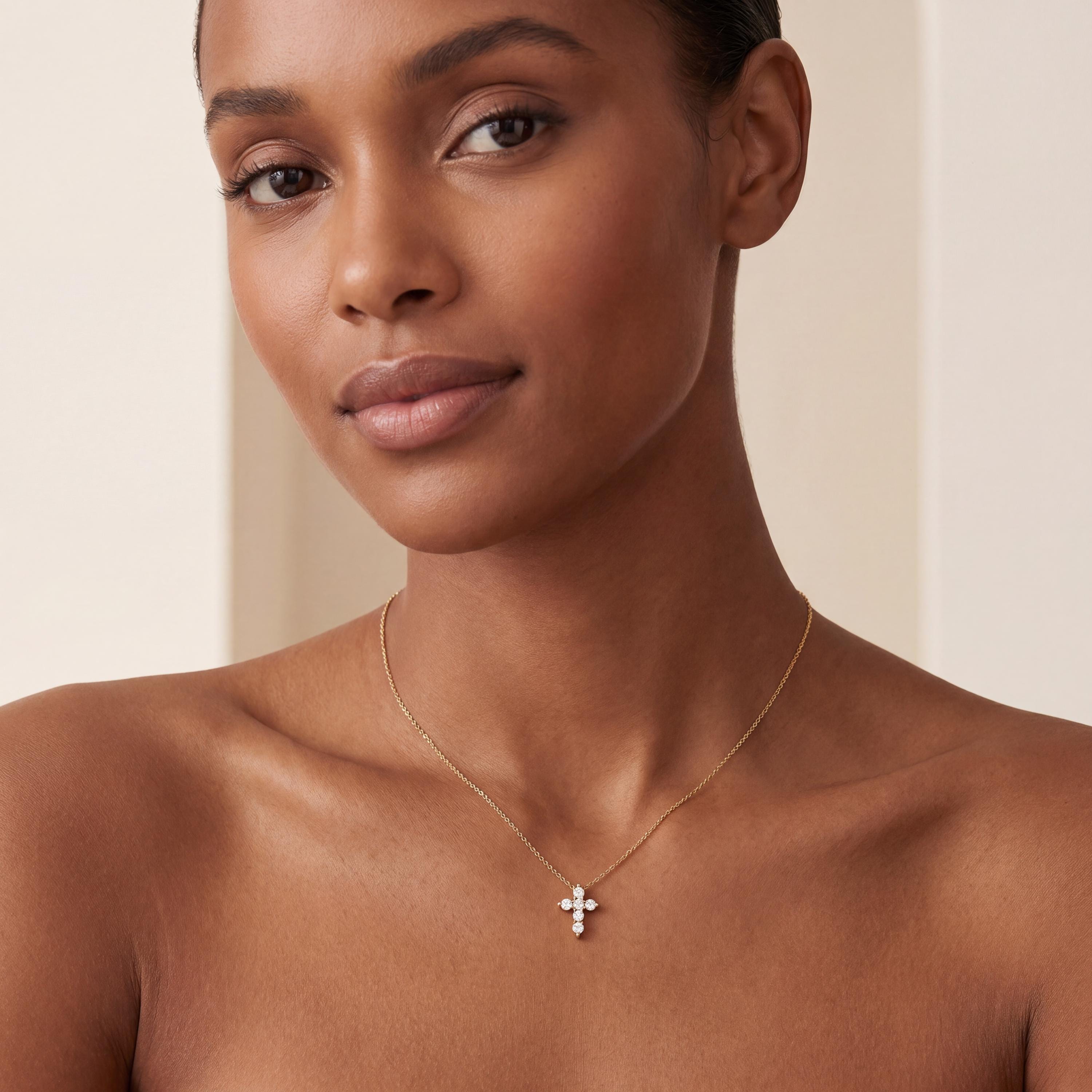 Round Diamond Dainty Prong Set Cross 14K Solid Gold Pendant Necklace