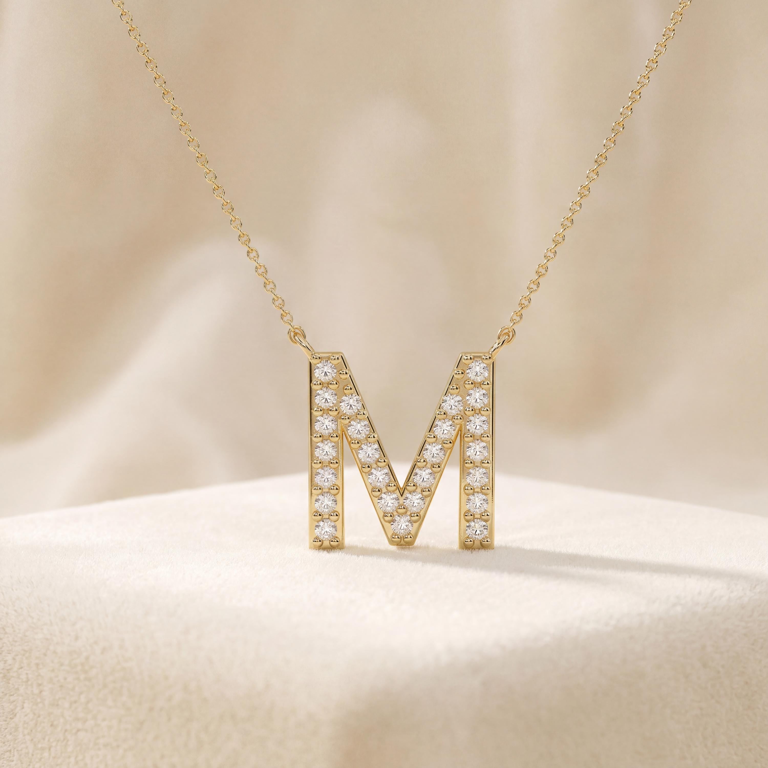 Round Diamond Pave 14K Dainty Solid Gold Initial Letter Necklace Pendant
