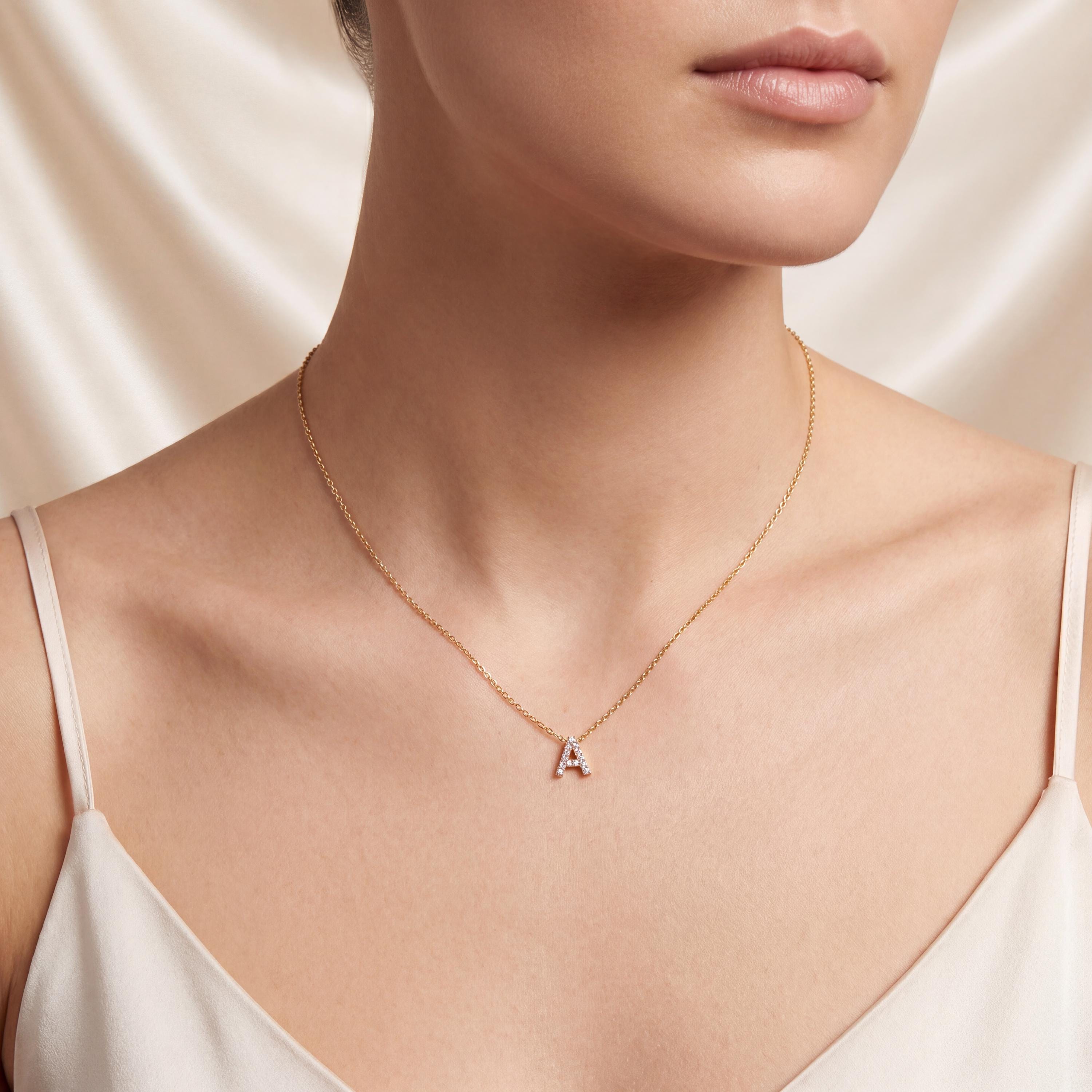Round Diamond Pave 14K Dainty Solid Gold Initial Letter Necklace Pendant