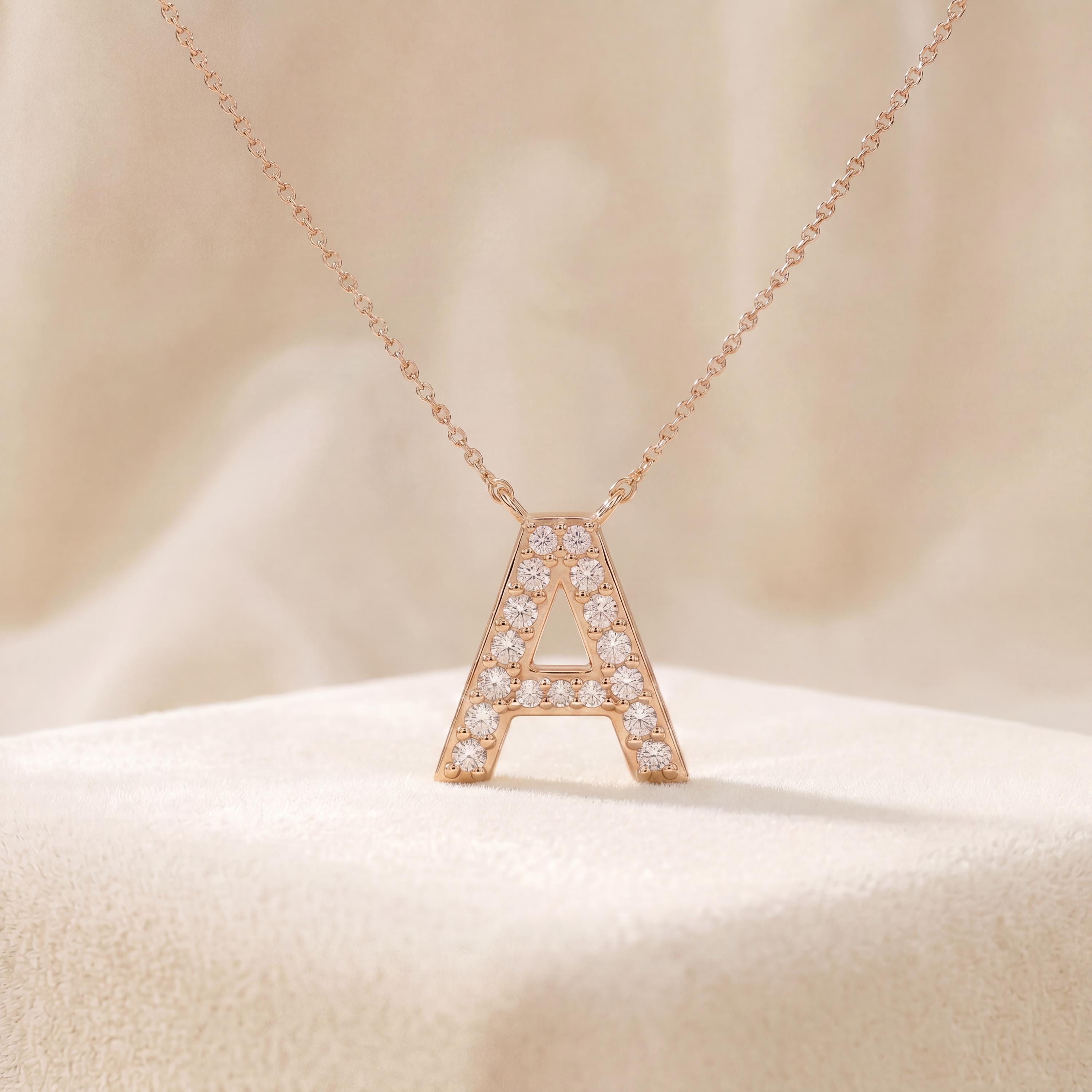 Round Diamond Pave 14K Dainty Solid Gold Initial Letter Necklace Pendant