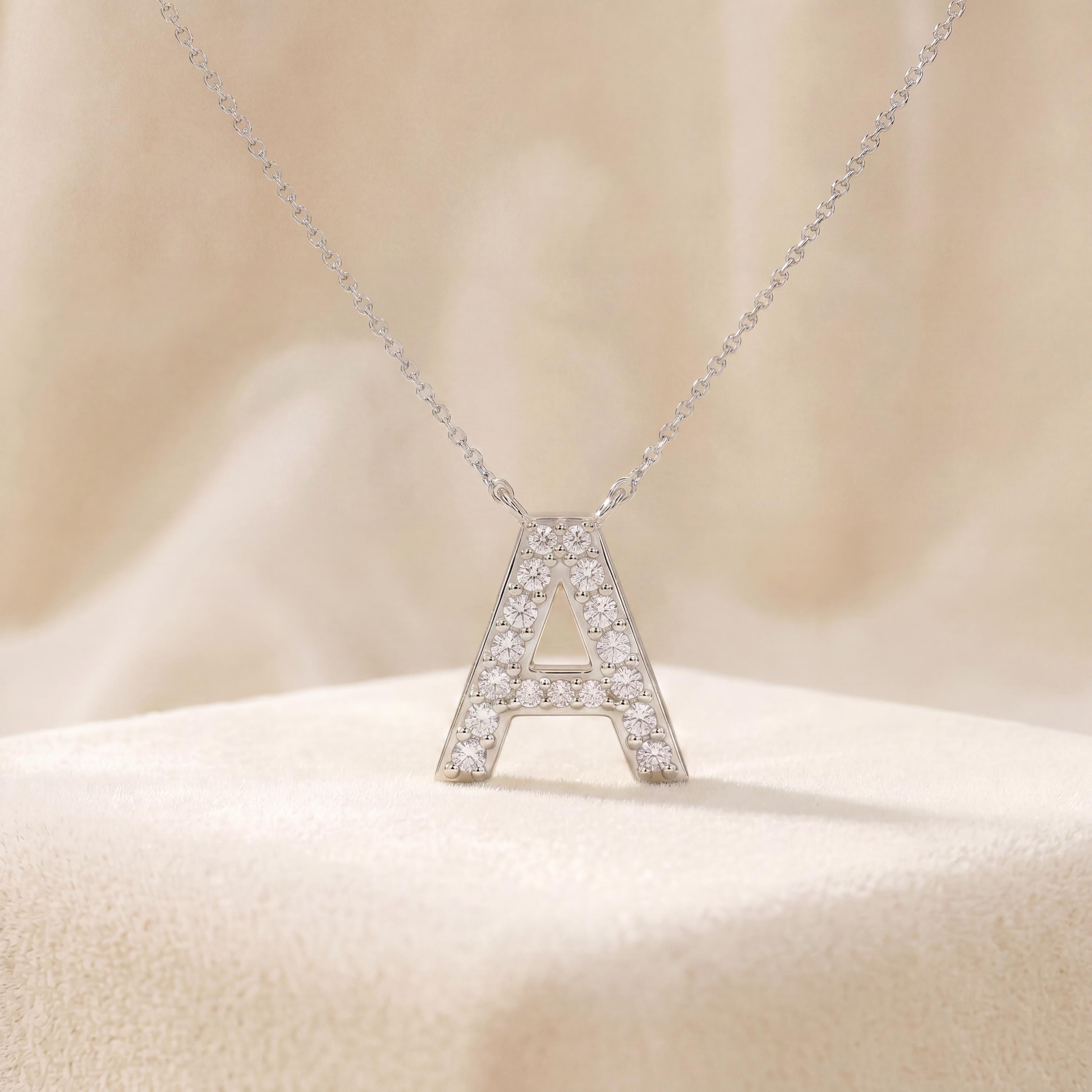 Round Diamond Pave 14K Dainty Solid Gold Initial Letter Necklace Pendant
