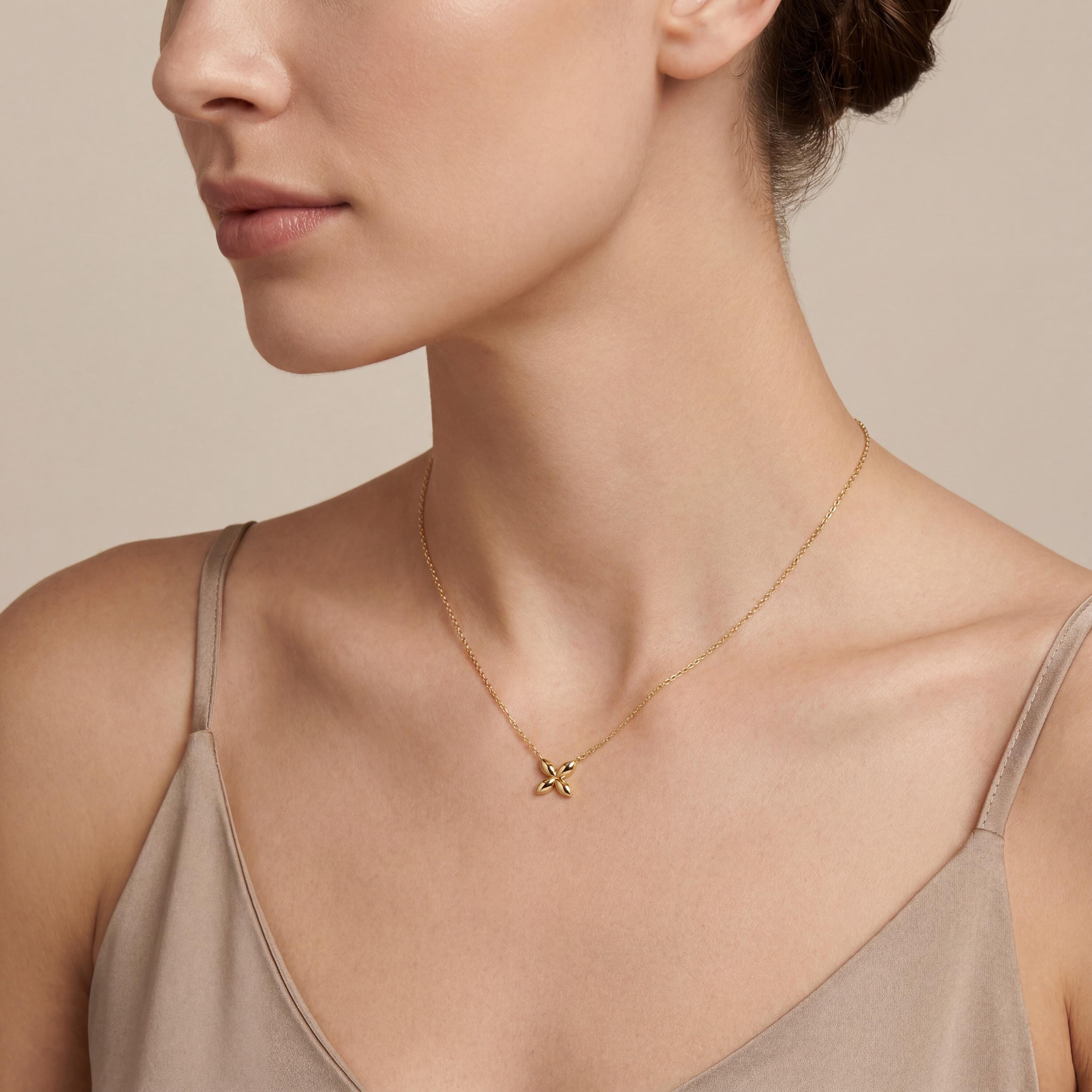 Dainty Four Petal Flower 14K Solid Gold Pendant Necklace