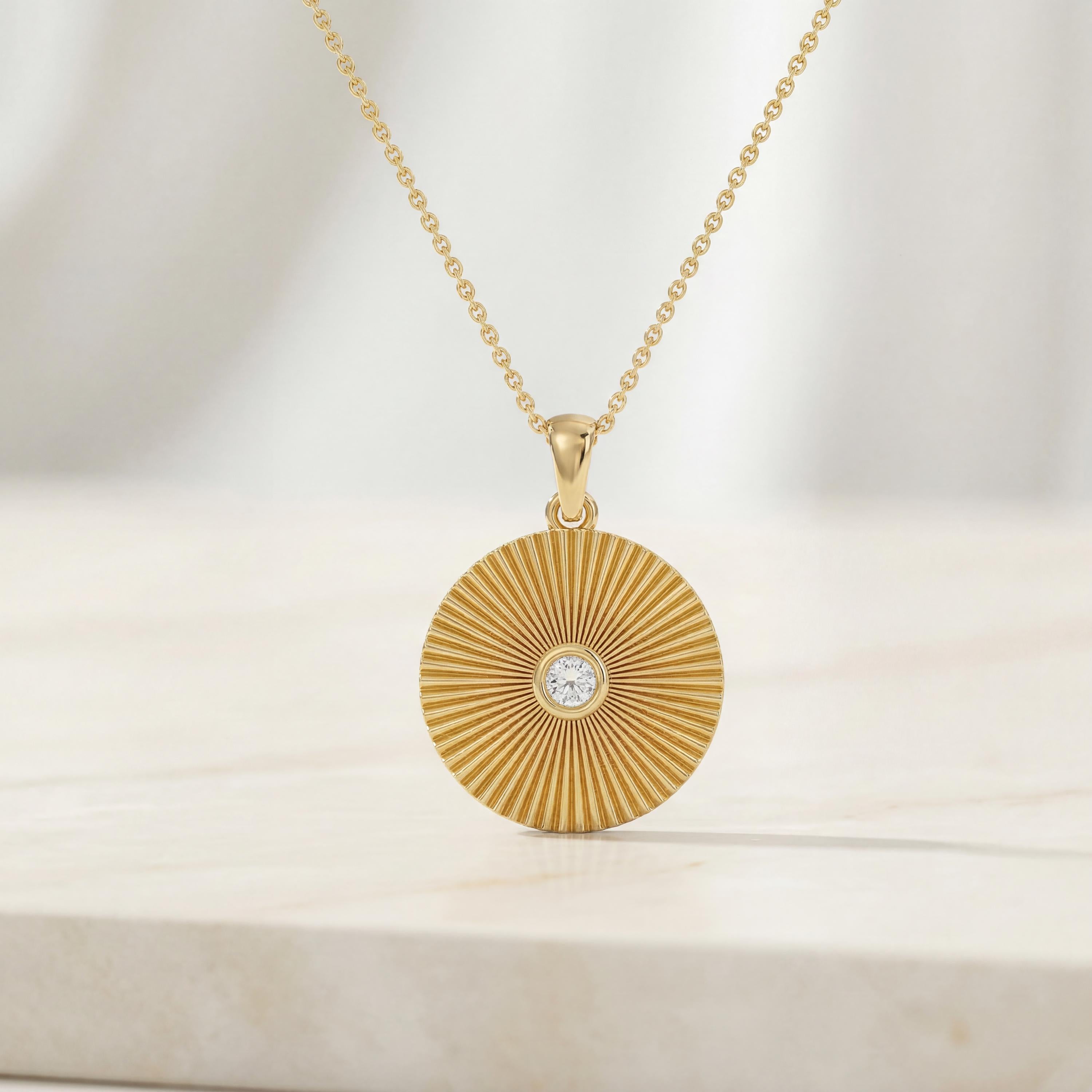 Diamond Fluted Circle Dainty Sun Burst 14K Solid Gold Pendant Necklace