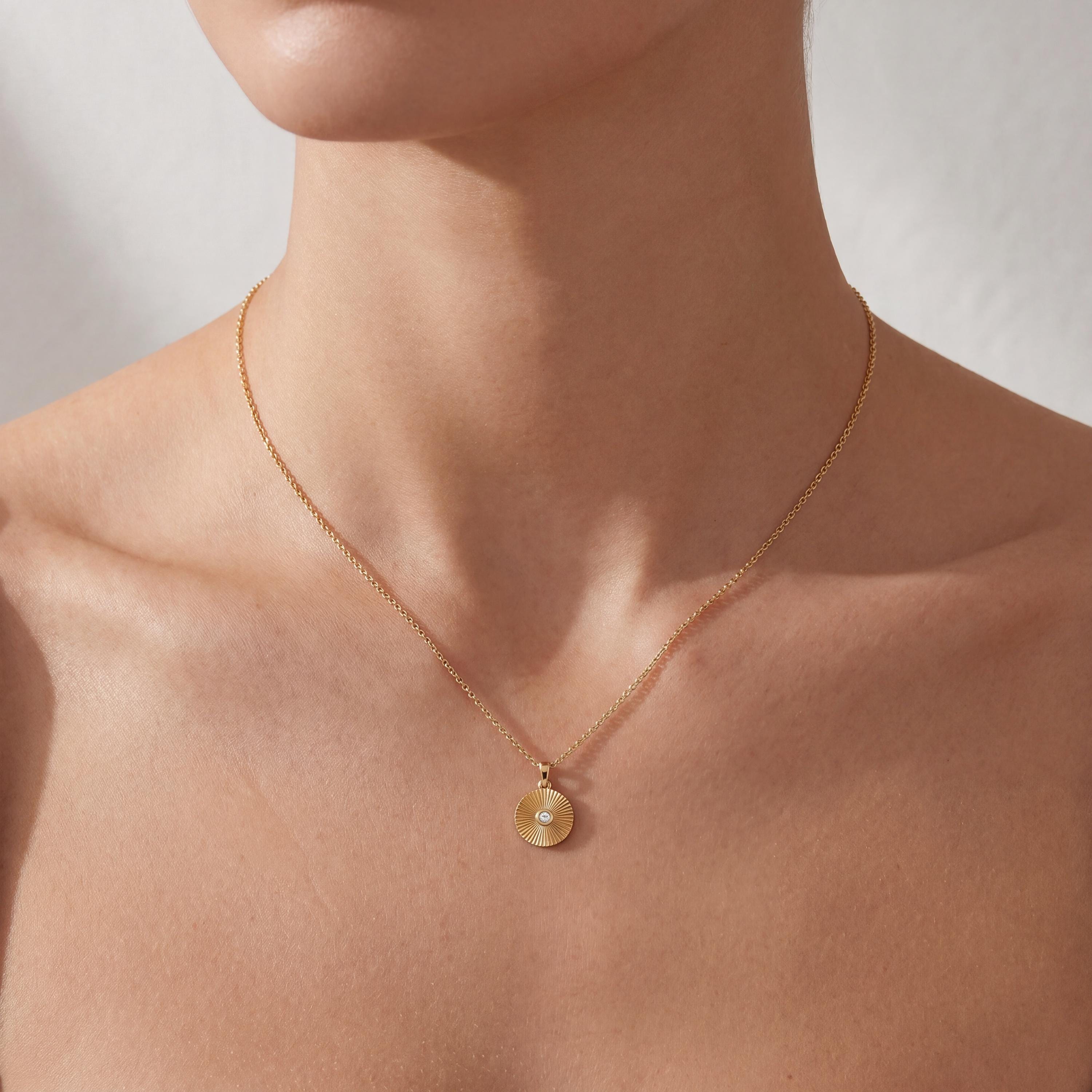 Diamond Fluted Circle Dainty Sun Burst 14K Solid Gold Pendant Necklace