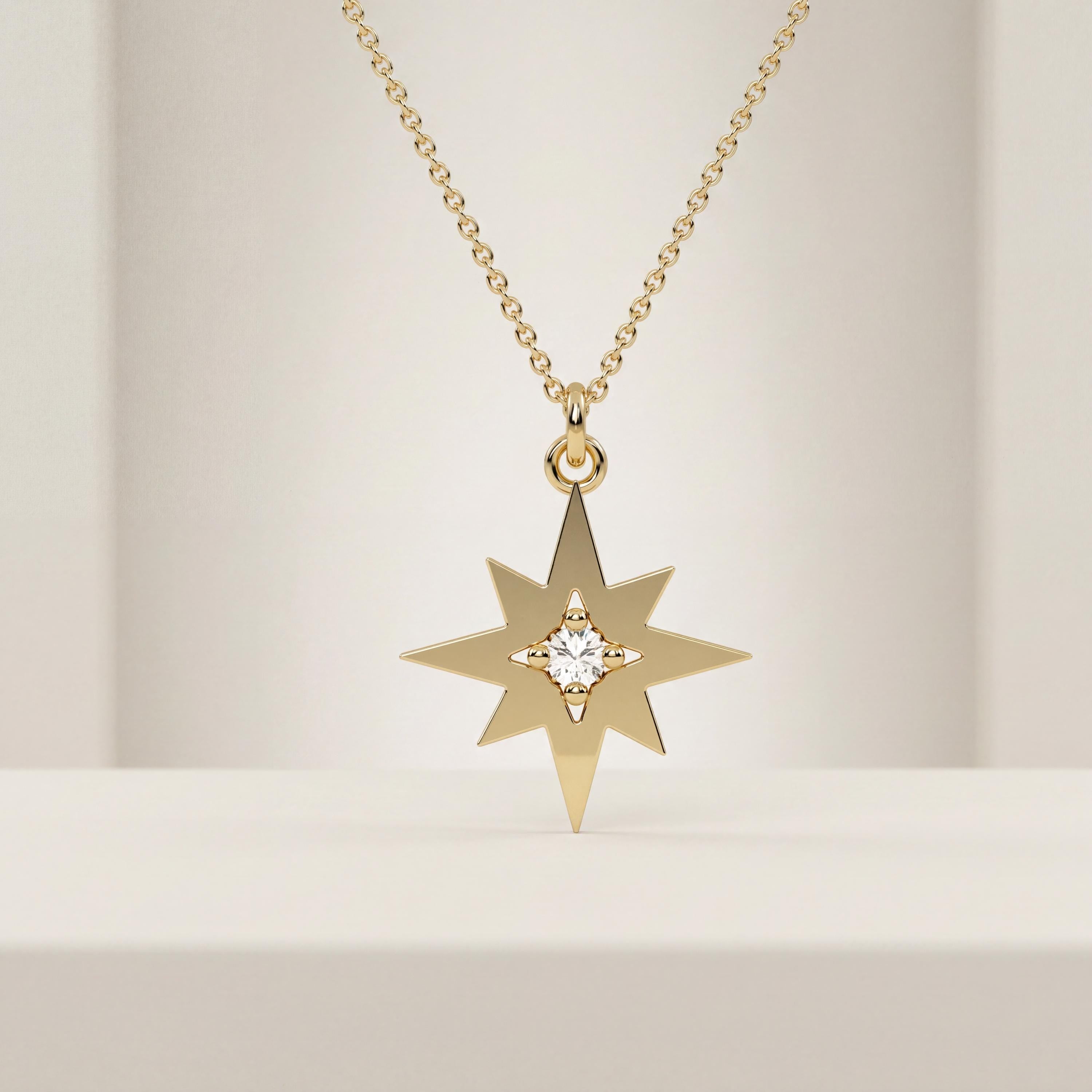 Round Diamond Dainty North Star Compass 14K Solid Gold Pendant Necklace