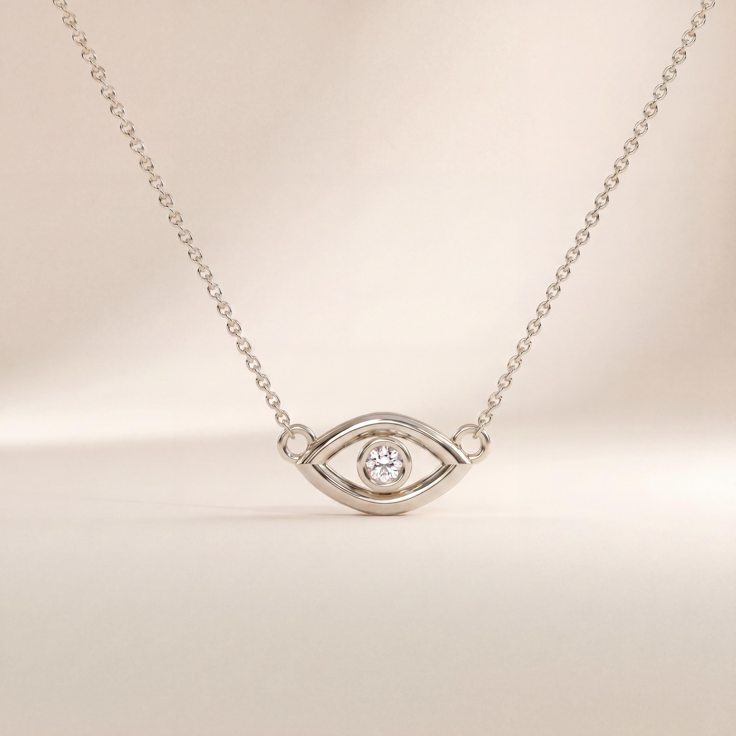 Round Diamond Dainty Evil Eye 14K Solid Gold Pendant Necklace