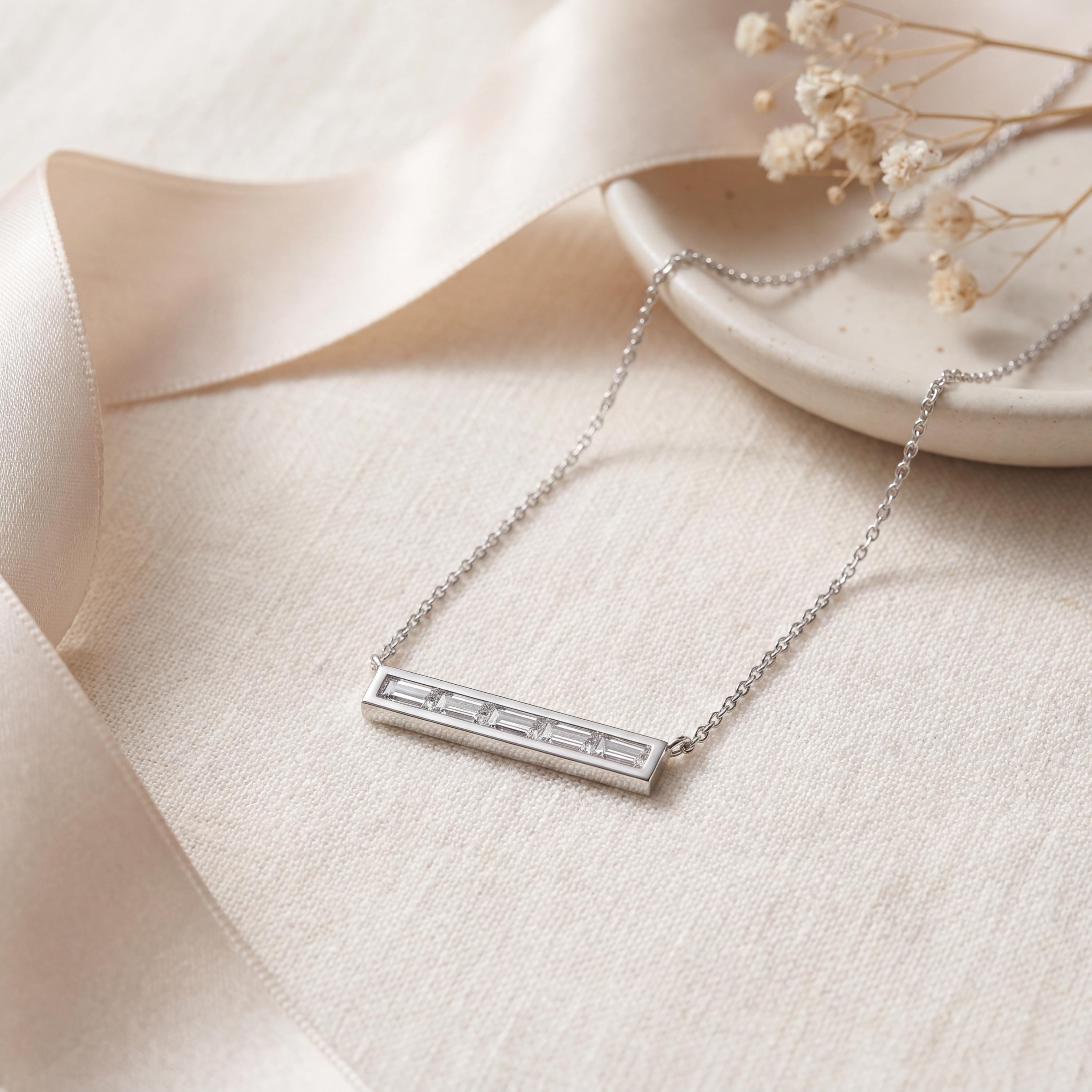 Baguette Diamond Dainty Bar Channel Set 14K Solid Gold Pendant Necklace