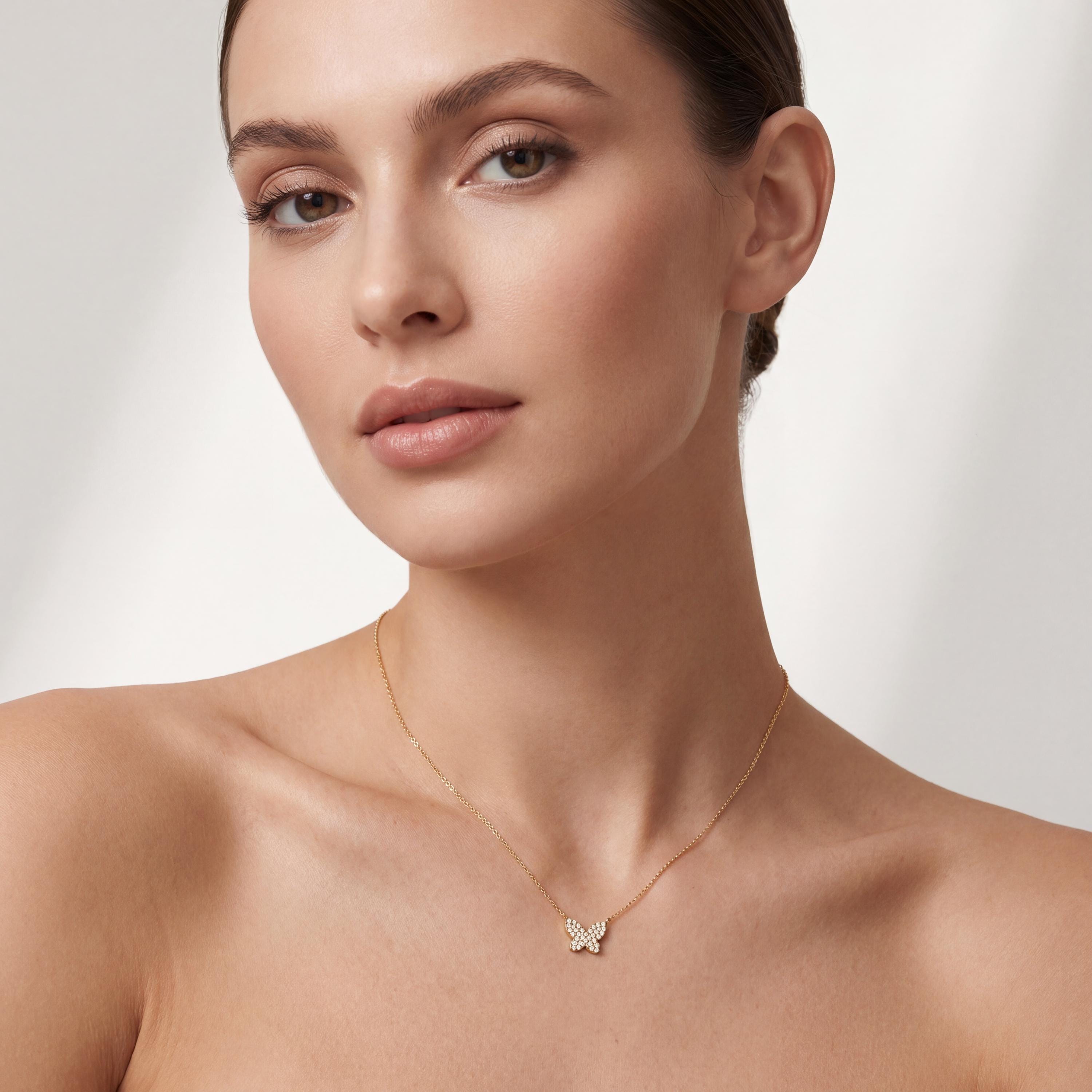 Round Pave Diamond Dainty Butterfly 14K Solid Gold Pendant Necklace