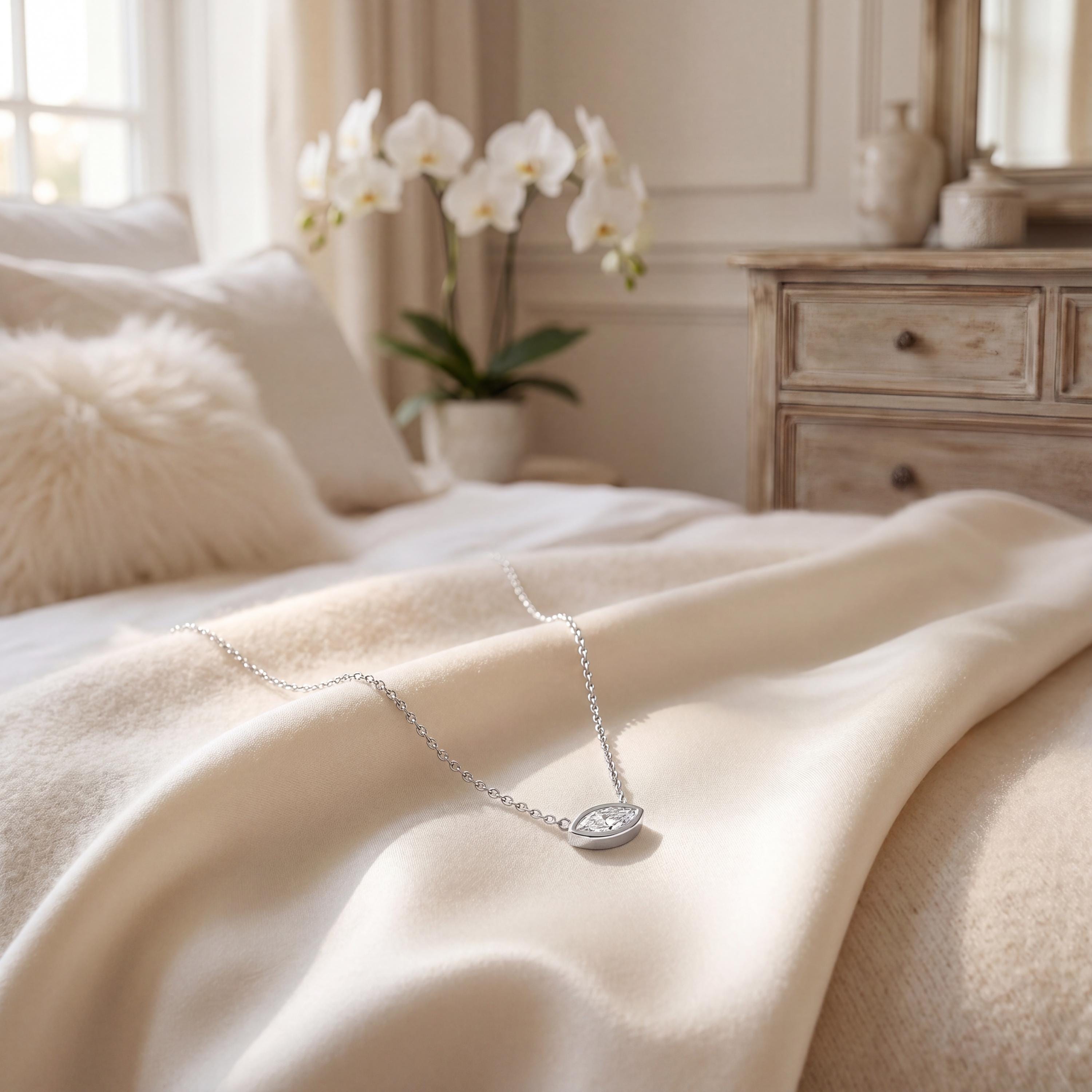 Marquise Solitaire Diamond Dainty Bezel Set 14K Solid Gold Pendant Necklace