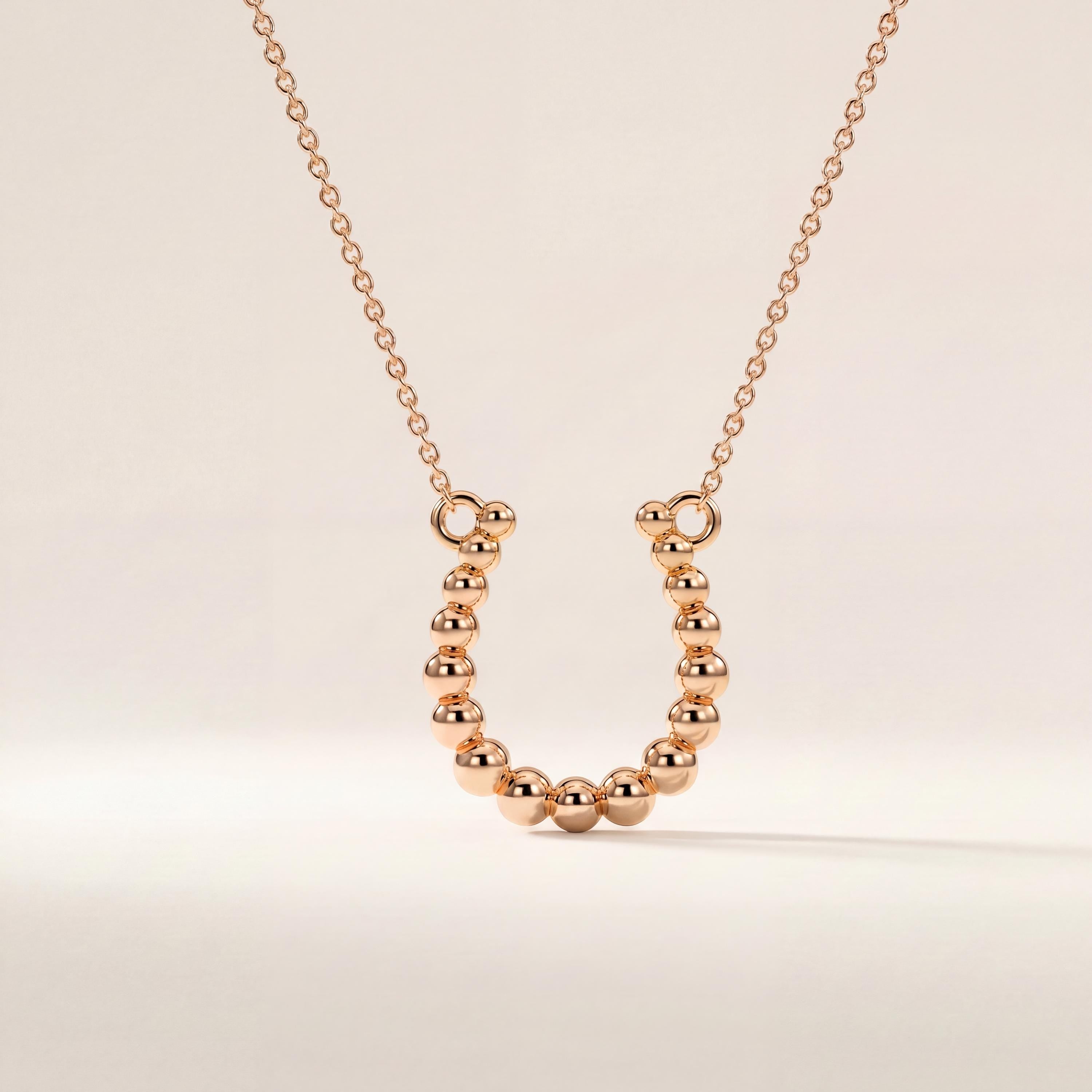 Beaded Round Dainty 14K Solid Gold Horseshoe Pendant Necklace