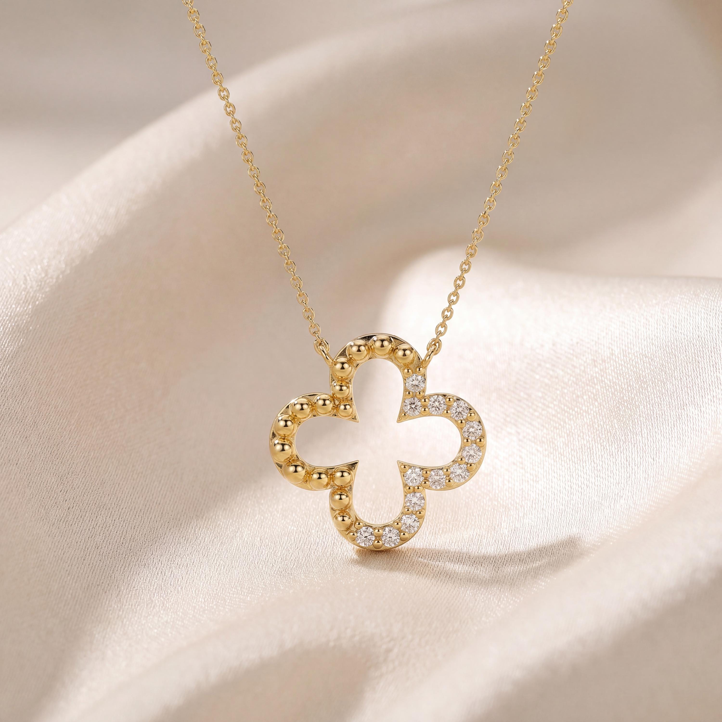 Diamond & Beaded Clover Leaf 14K Solid Gold Pendant Necklace