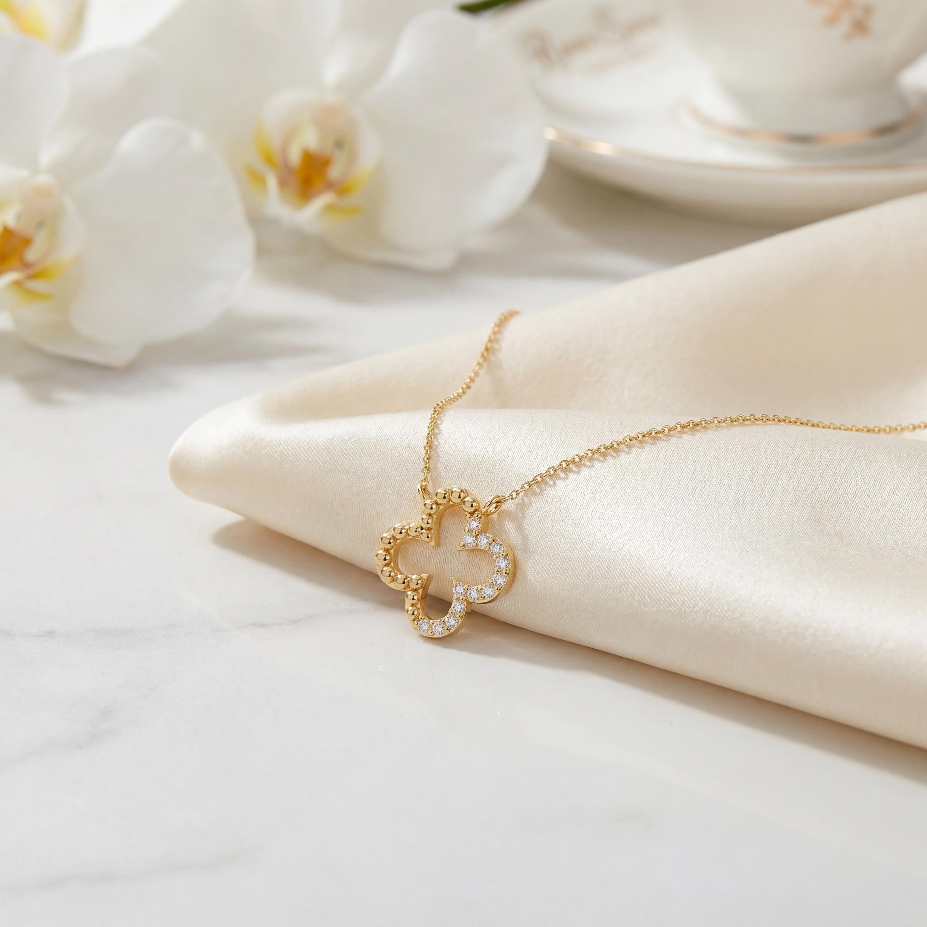 Diamond & Beaded Clover Leaf 14K Solid Gold Pendant Necklace