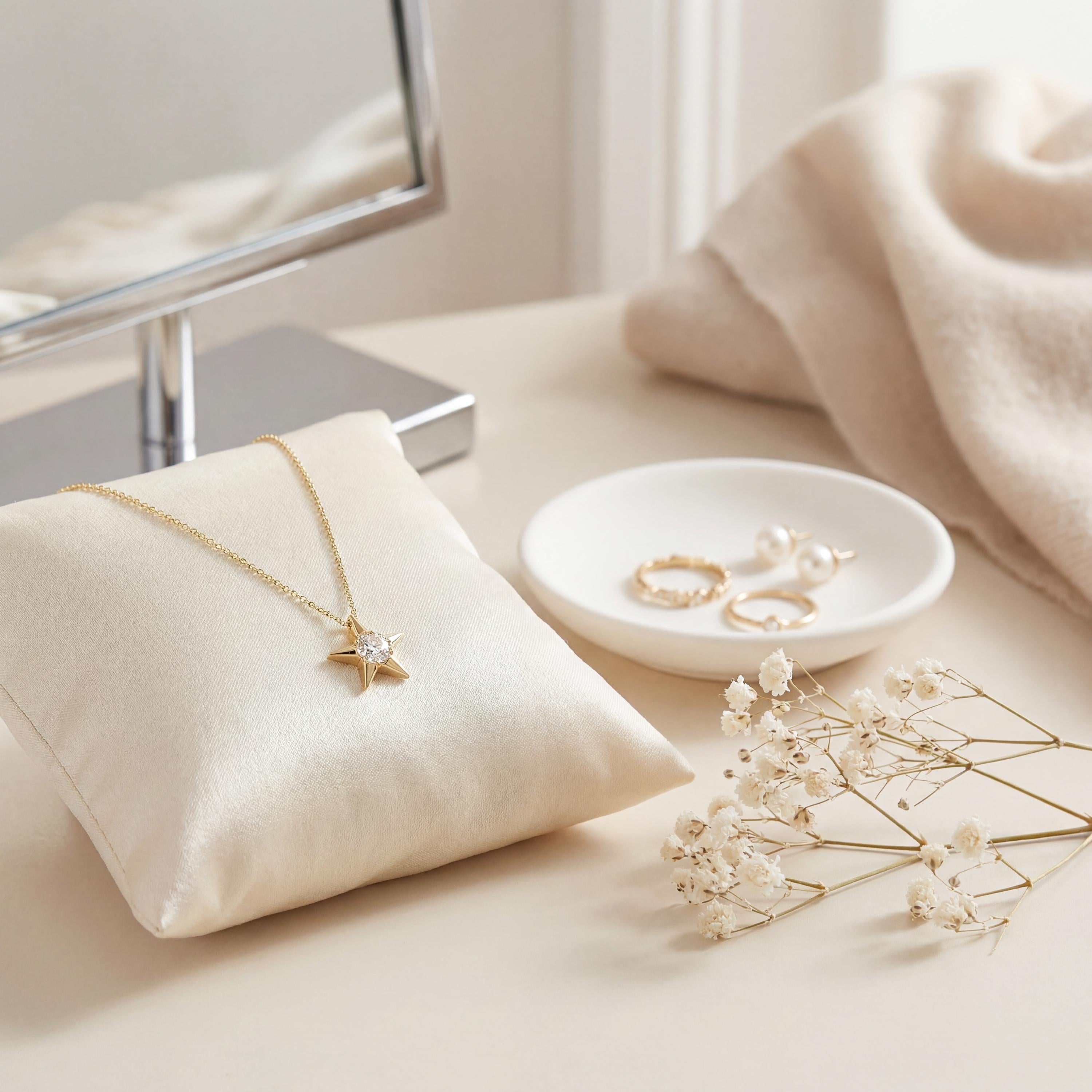 Round Solitaire Diamond Dainty Star 14K Solid Gold Pendant Necklace