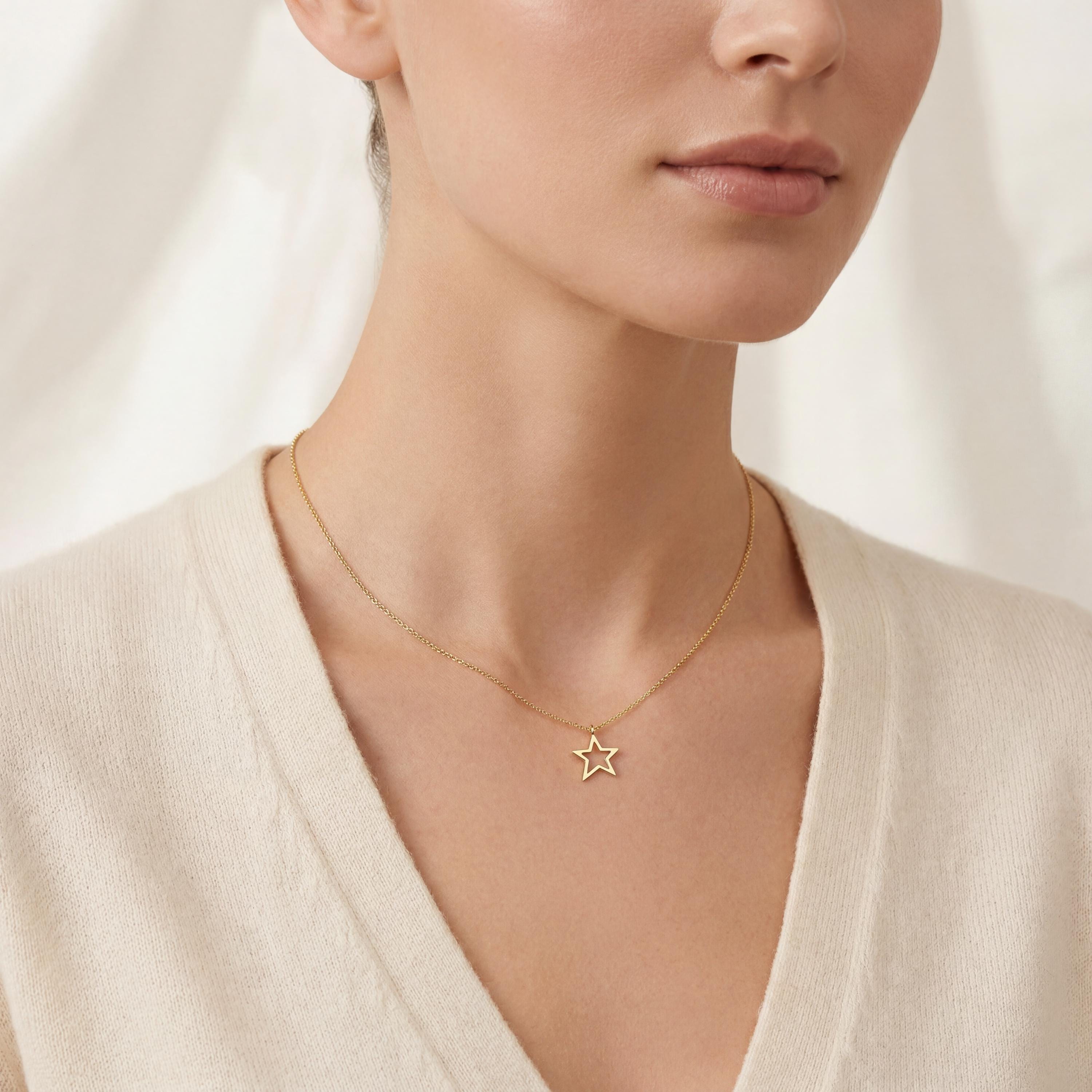 Open Star Dainty 14K Solid Gold Pendant Necklace