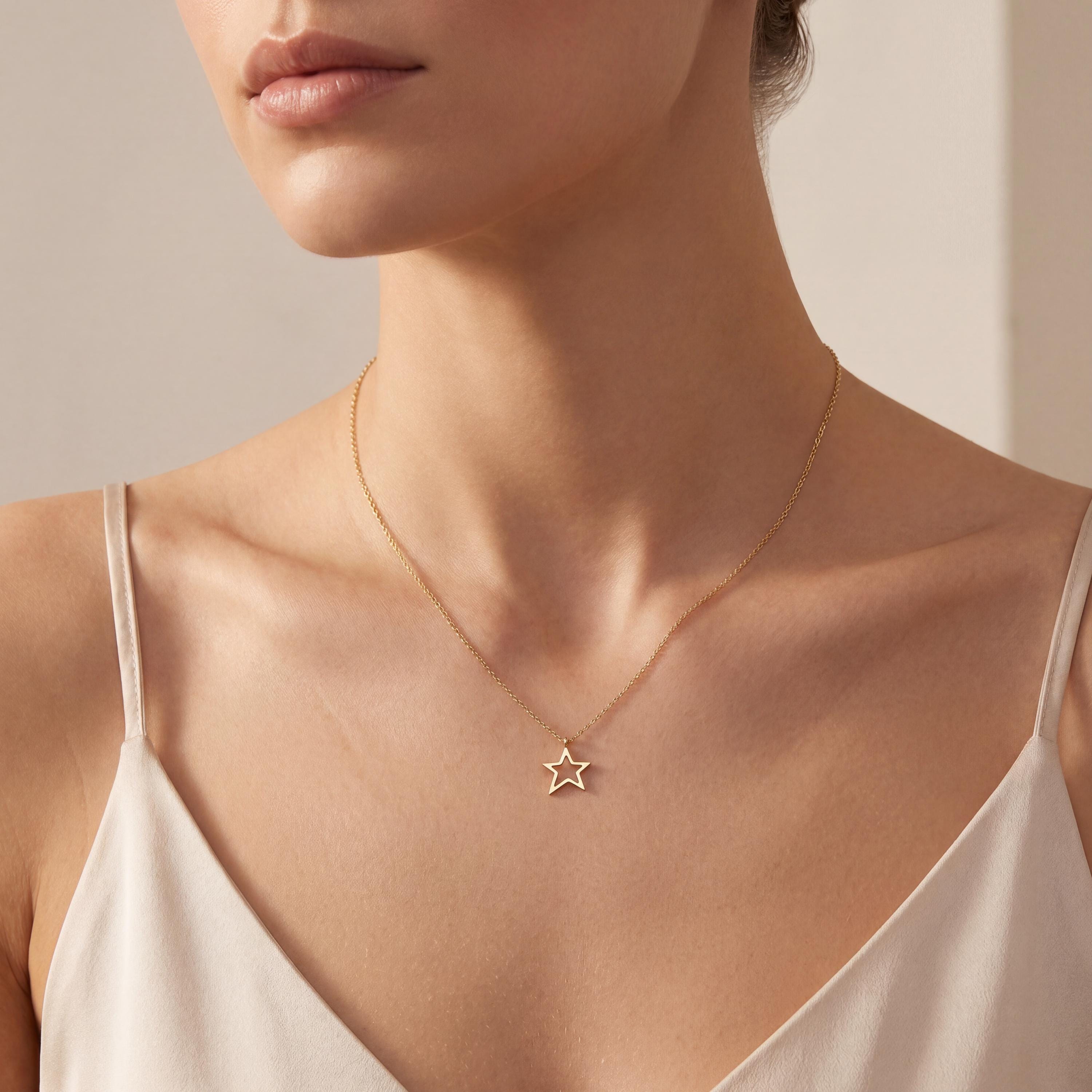 Open Star Dainty 14K Solid Gold Pendant Necklace