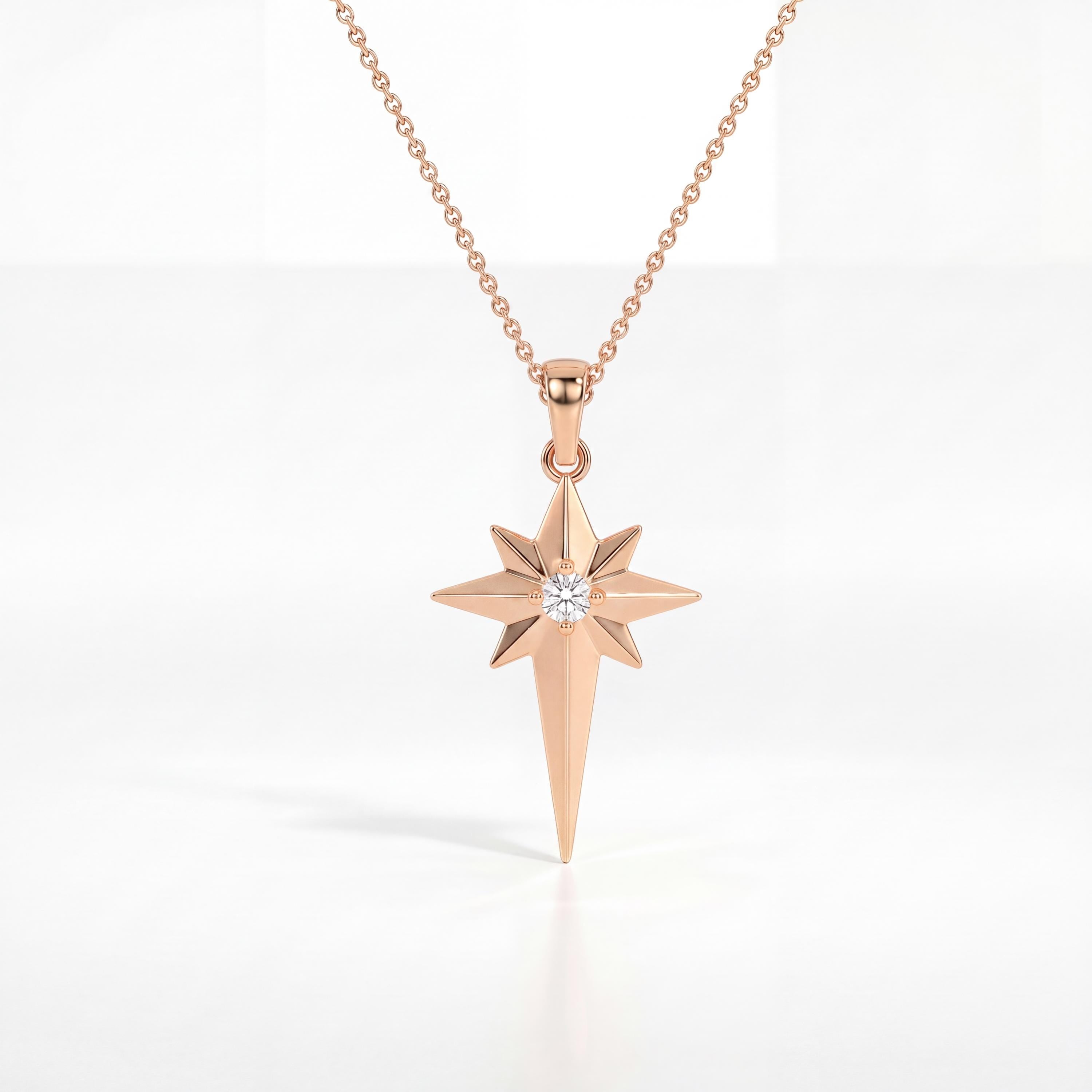 Round Diamond Dainty North Star 14K Solid Gold Pendant Necklace