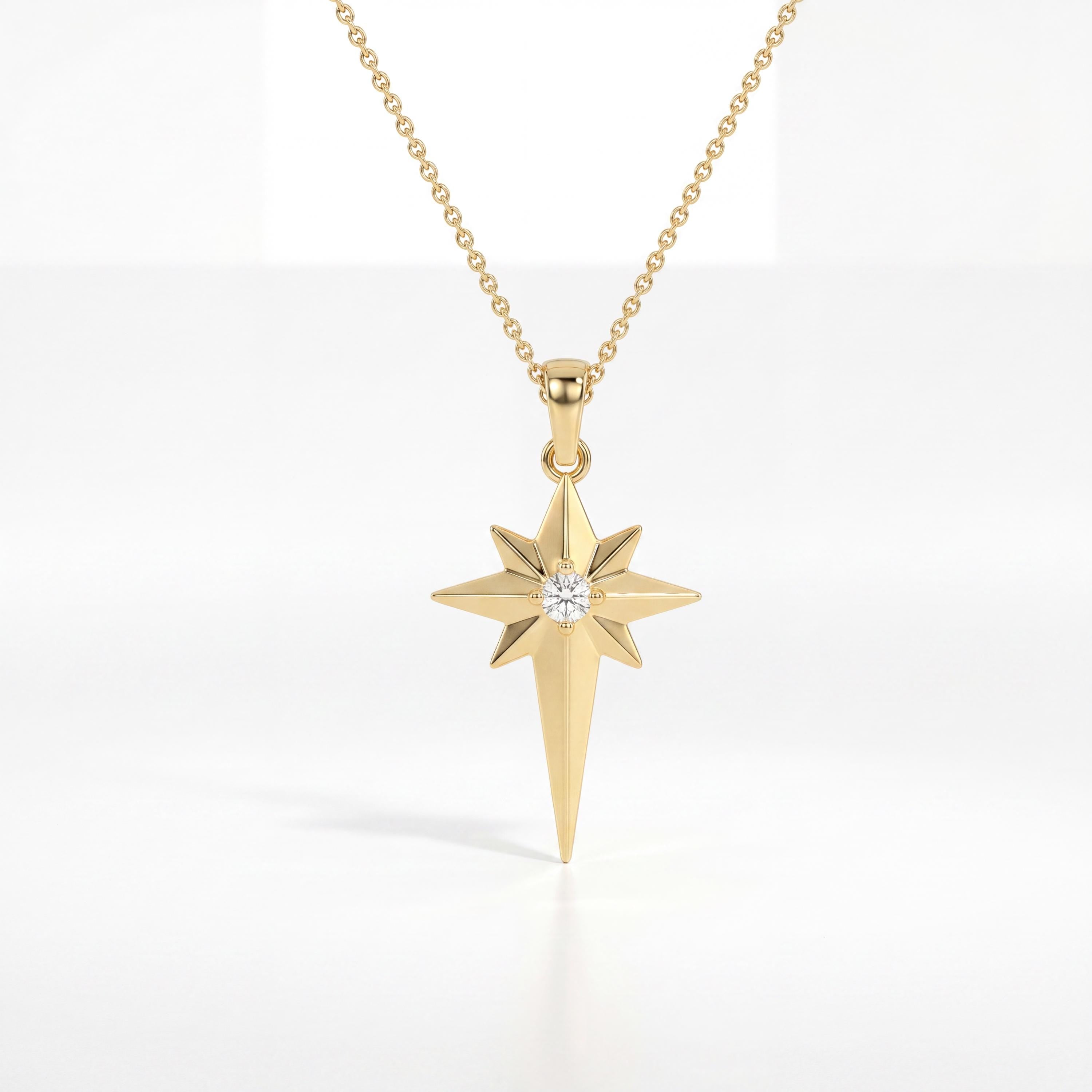Round Diamond Dainty North Star 14K Solid Gold Pendant Necklace