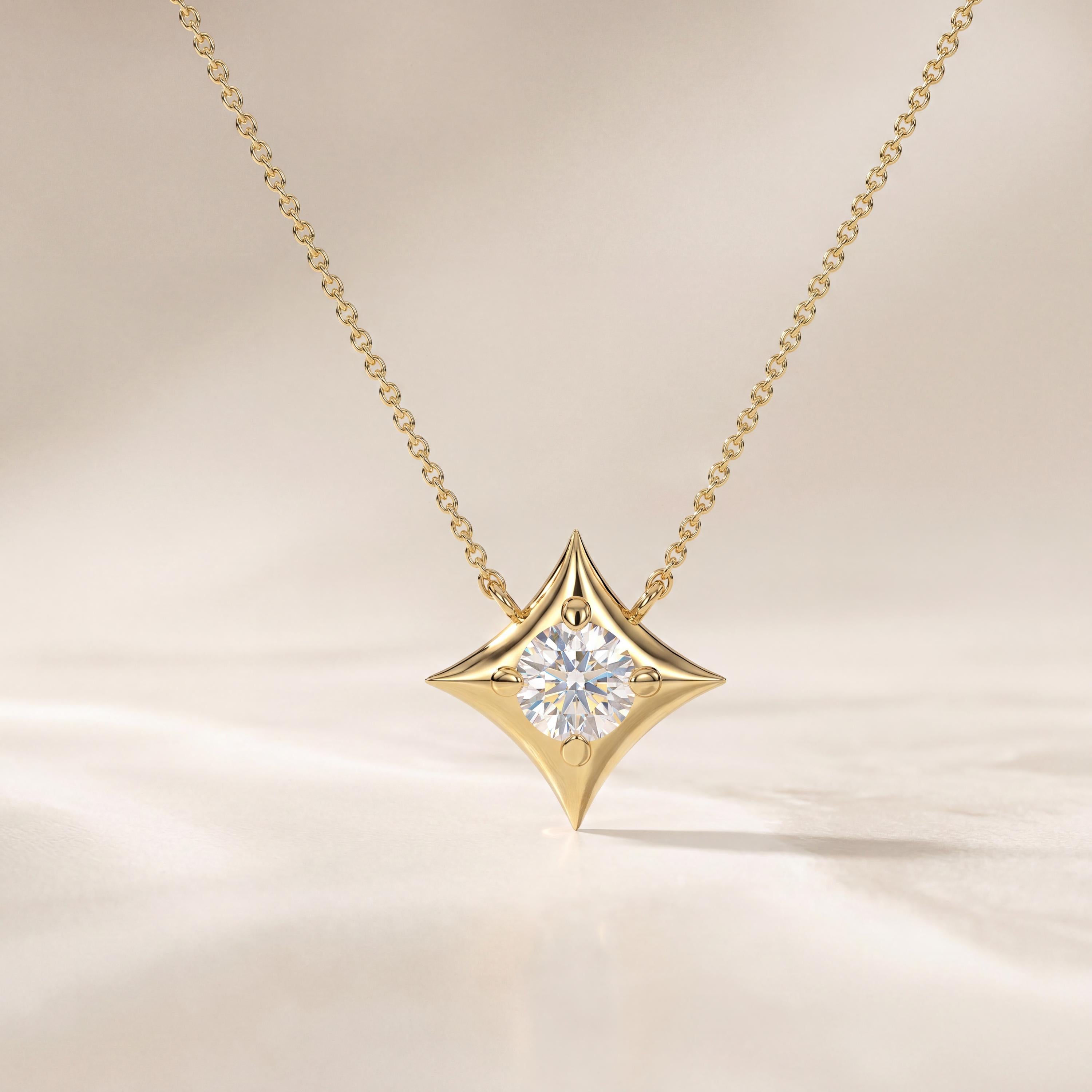 Round Solitaire Diamond Four Point Dainty Star 14K Solid Gold Pendant Necklace