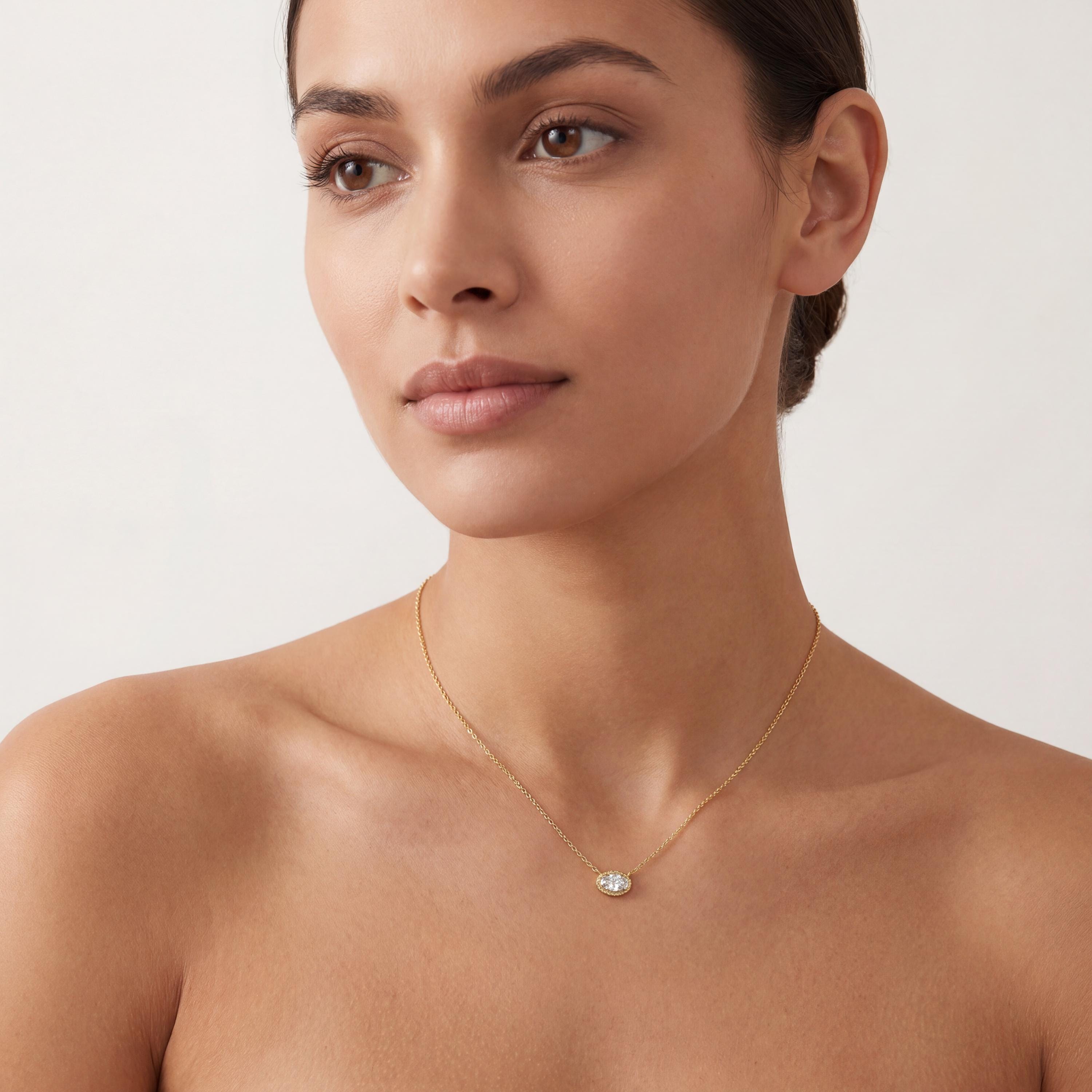 Oval Diamond Solitaire Bezel Set Halo Rope 14K Solid Gold Pendant Necklace