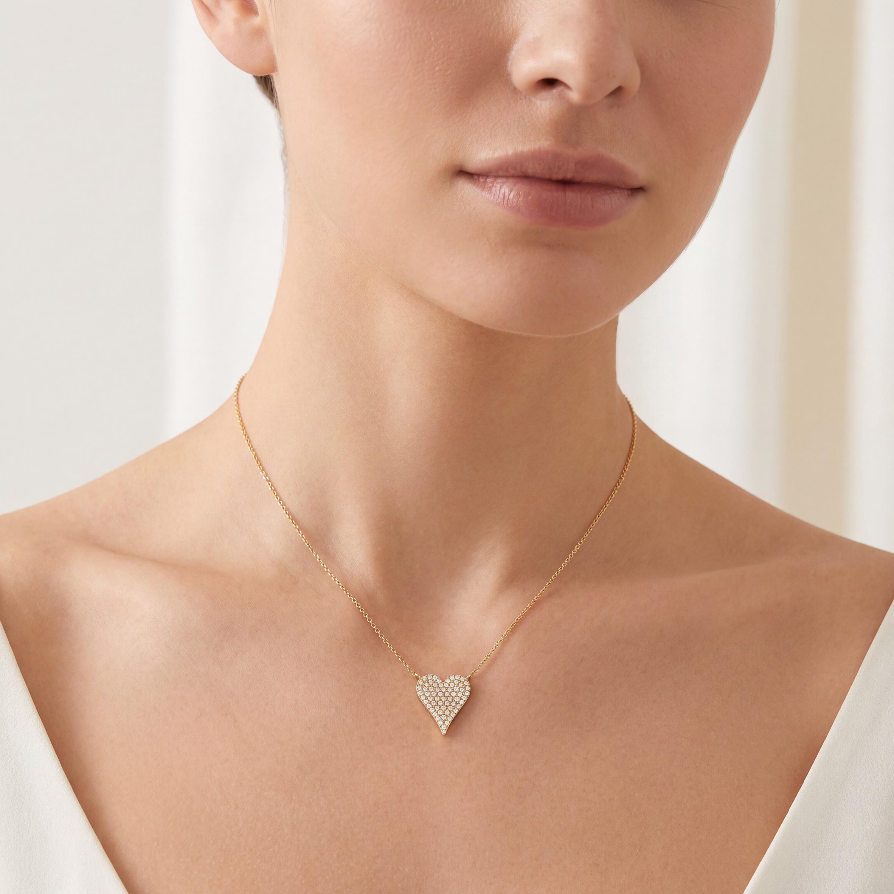 Diamond Pave Elongated Heart 14K Solid Gold Pendant Necklace