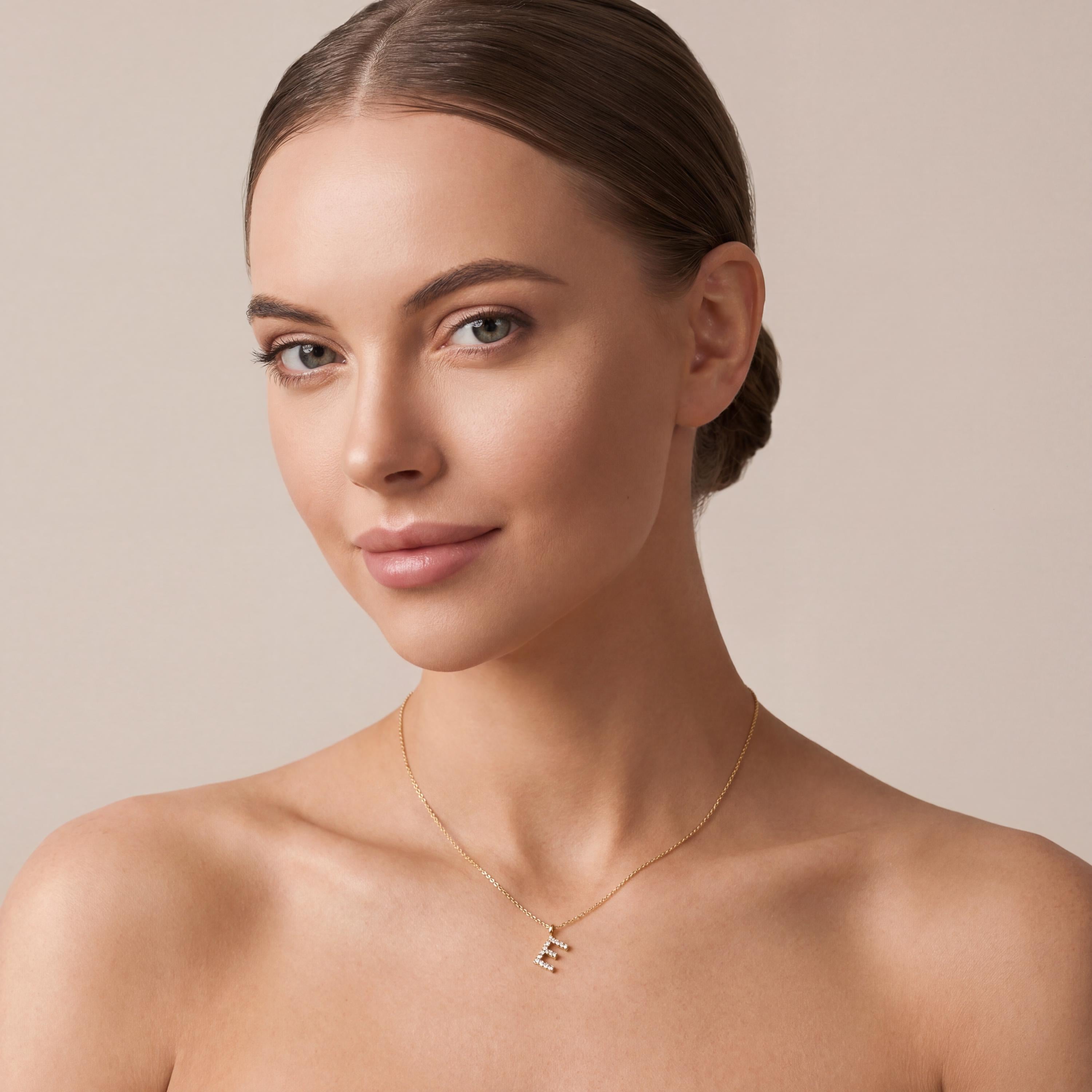 Round Diamond Pave 14K Dainty Solid Gold Initial Letter Necklace Pendant