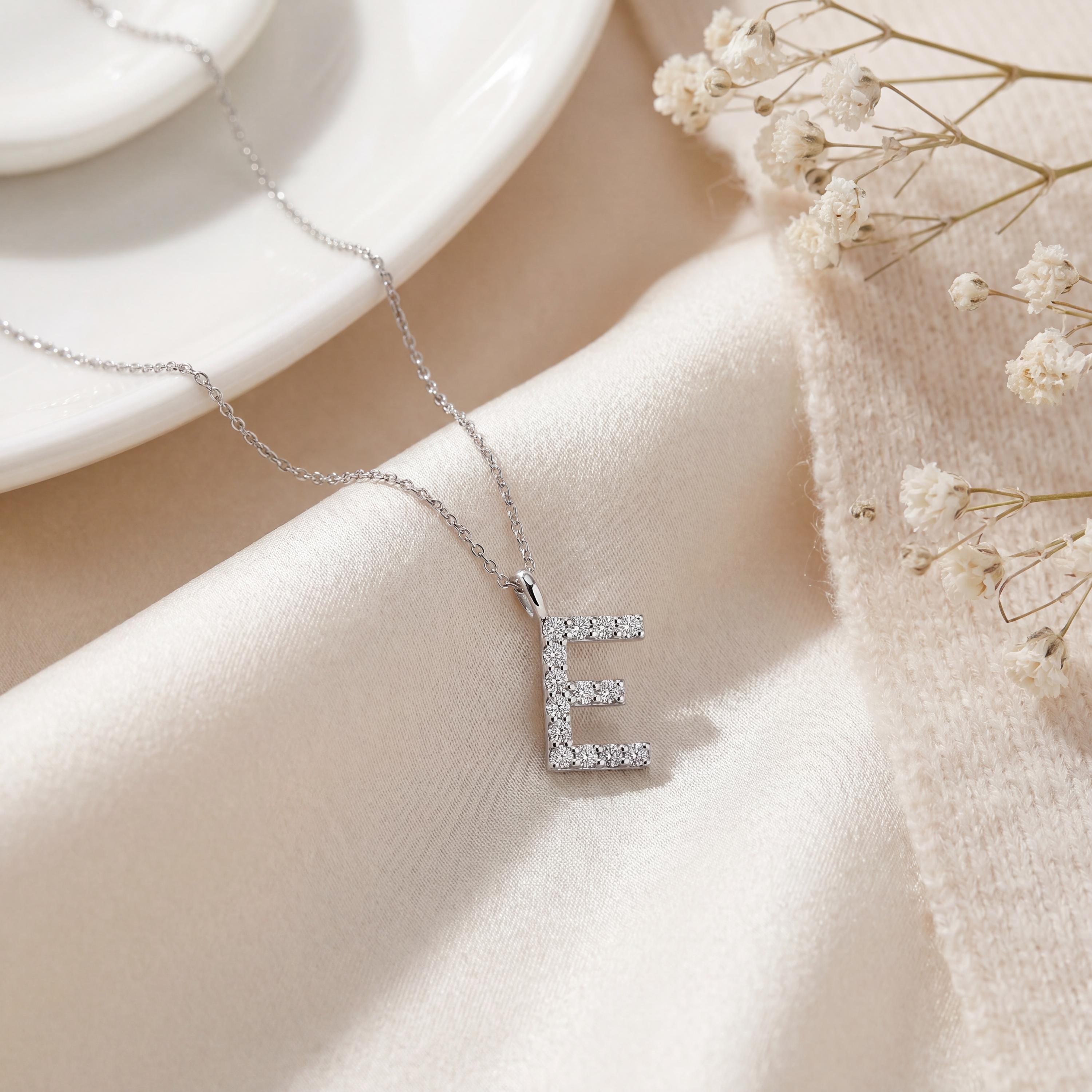 Round Diamond Pave 14K Dainty Solid Gold Initial Letter Necklace Pendant