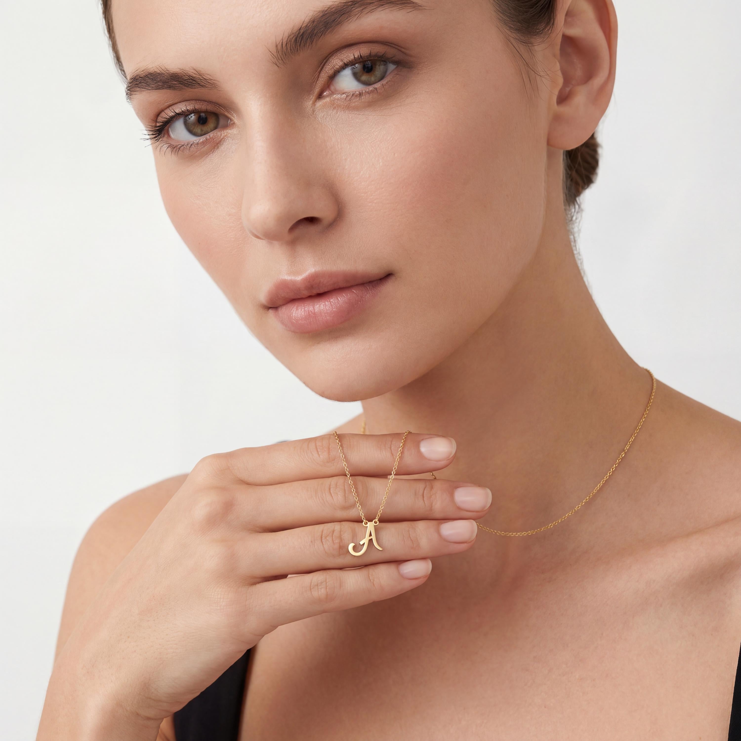 Personalized Script 14K Dainty Solid Gold Initial Letter Necklace Pendant