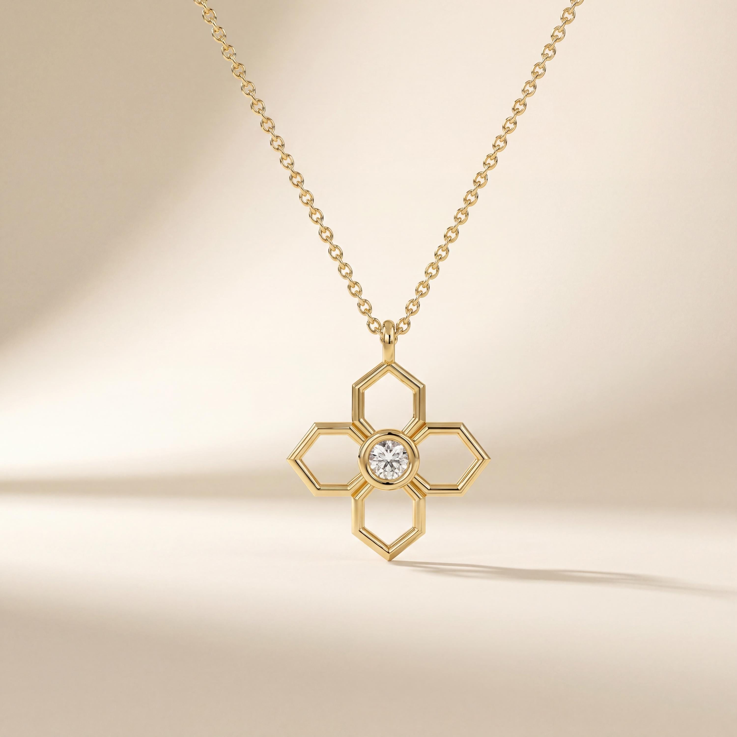 Octagon Diamond Solitaire Dainty Flower 14K Solid Gold Pendant Necklace