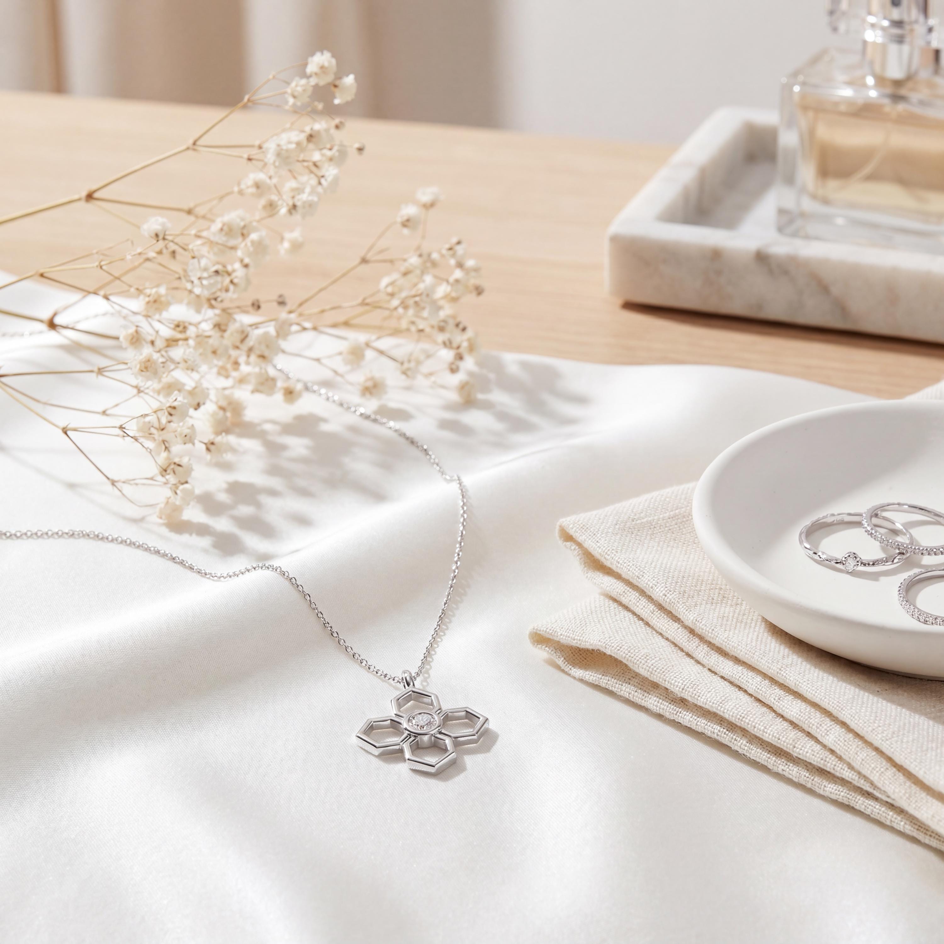 Octagon Diamond Solitaire Dainty Flower 14K Solid Gold Pendant Necklace