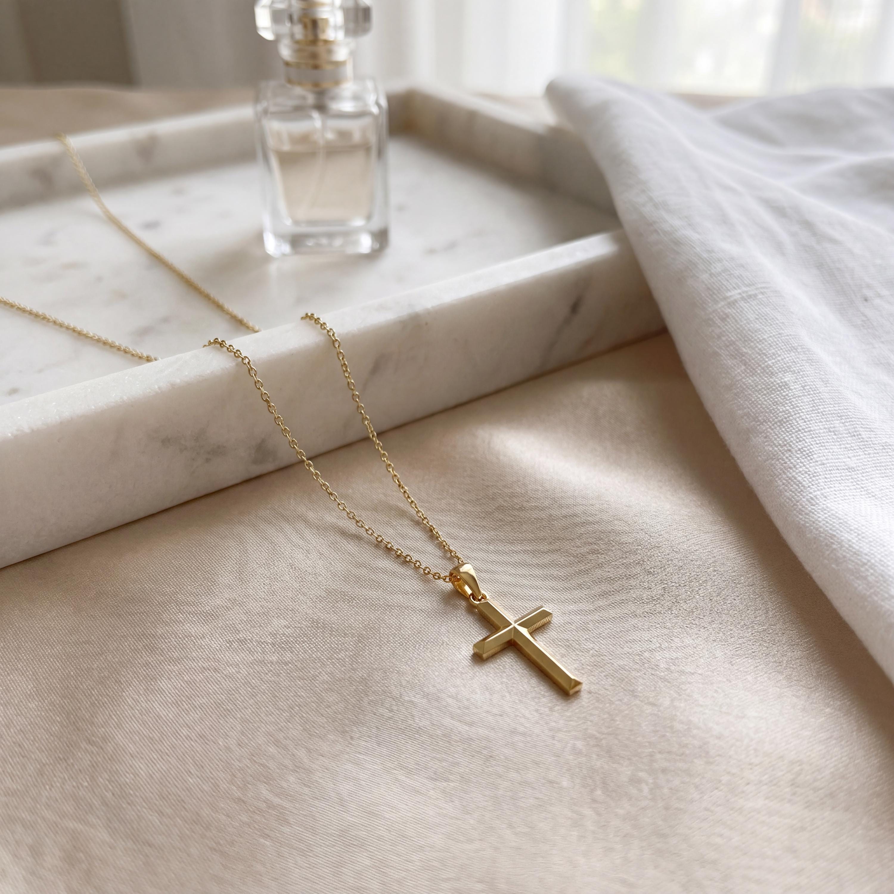 Beveled Edge Plain Cross 14K Solid Gold Pendant Necklace