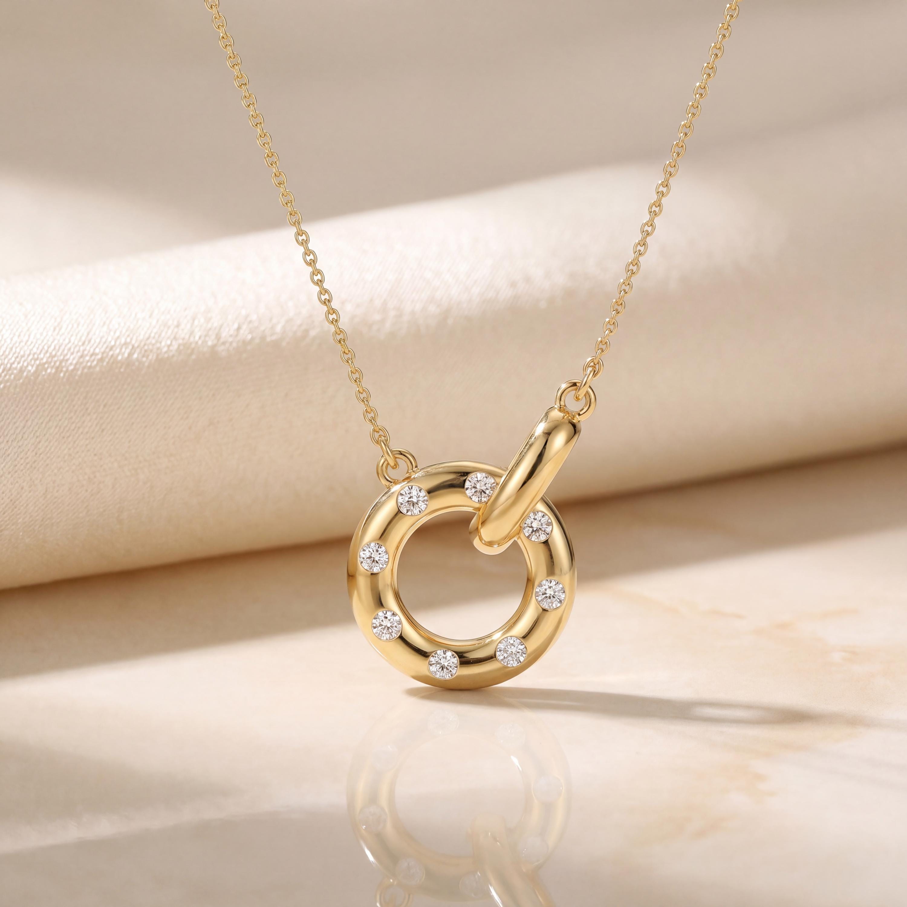 Round Diamond Open Interlocking Circle Dainty 14K Solid Gold Pendant Necklace