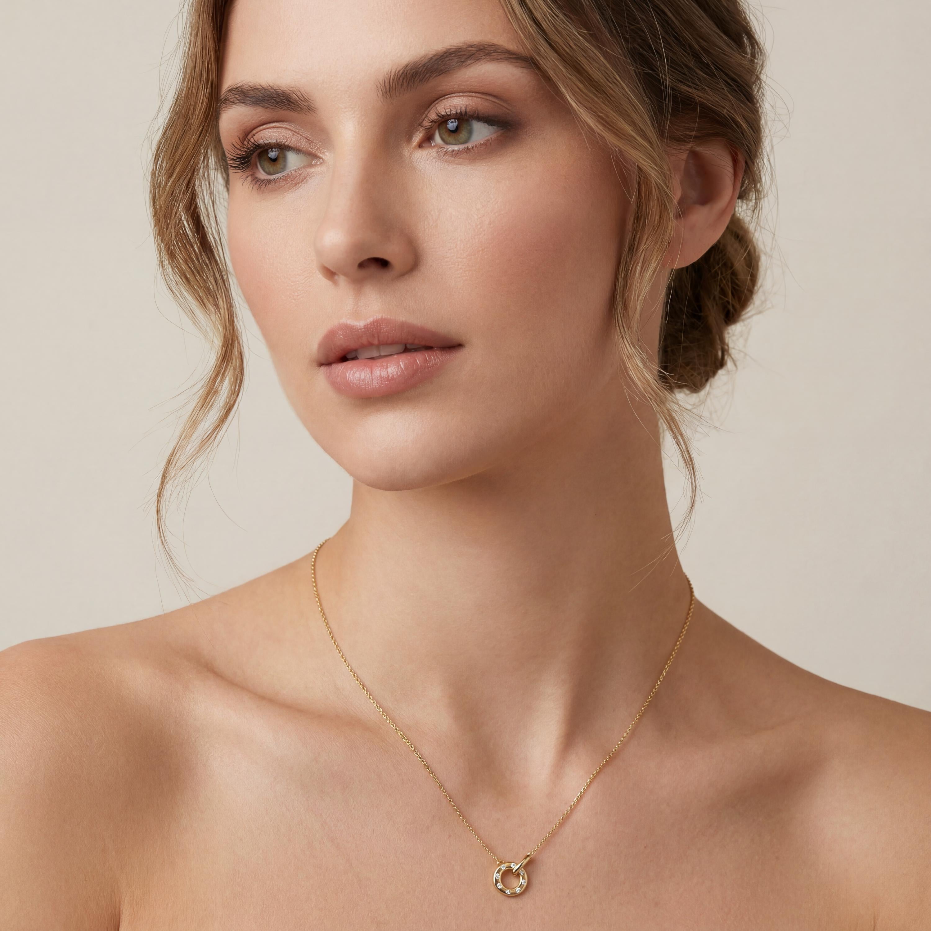 Round Diamond Open Interlocking Circle Dainty 14K Solid Gold Pendant Necklace