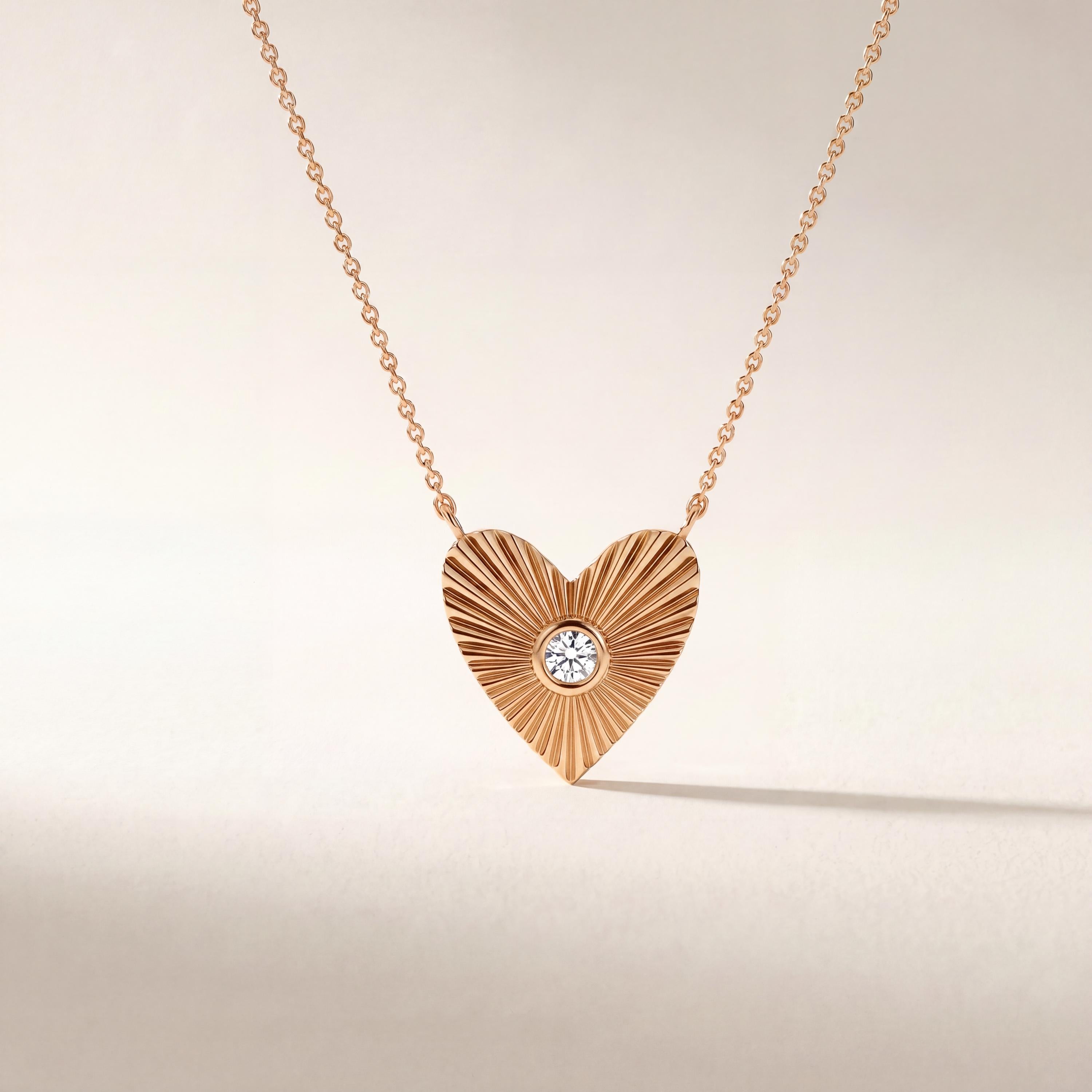 Diamond Fluted Heart Shape Dainty Sun Burst 14K Solid Gold Pendant Necklace