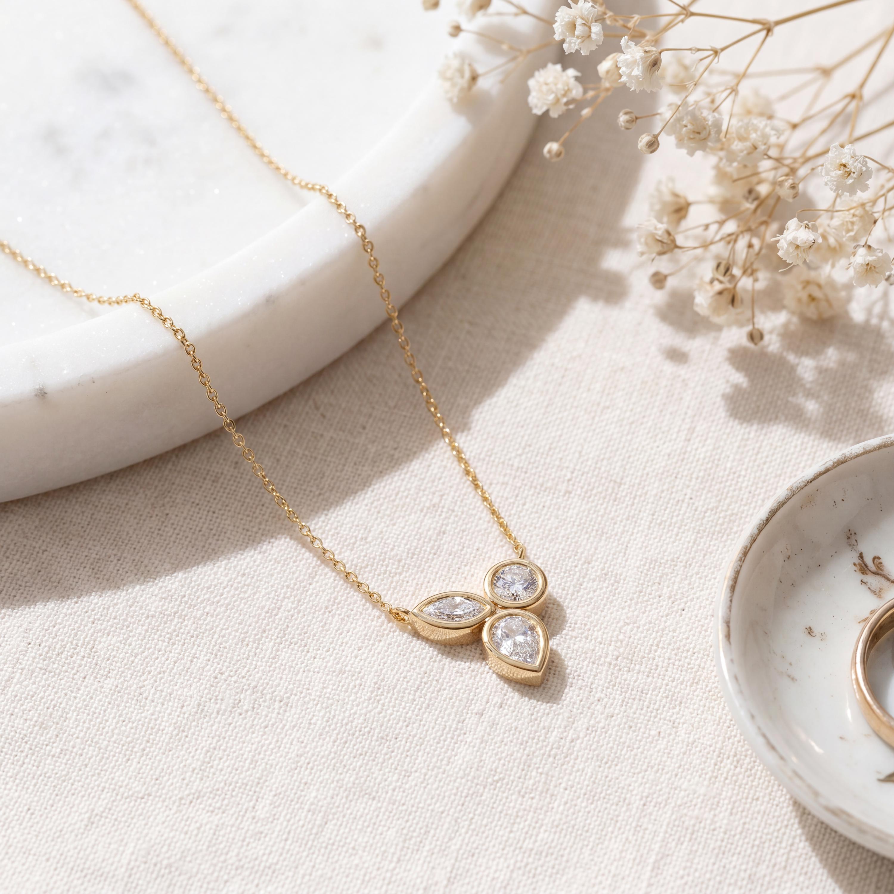 Marquise Pear & Round Three Stone Dainty Necklace 14K Solid Gold Pendant