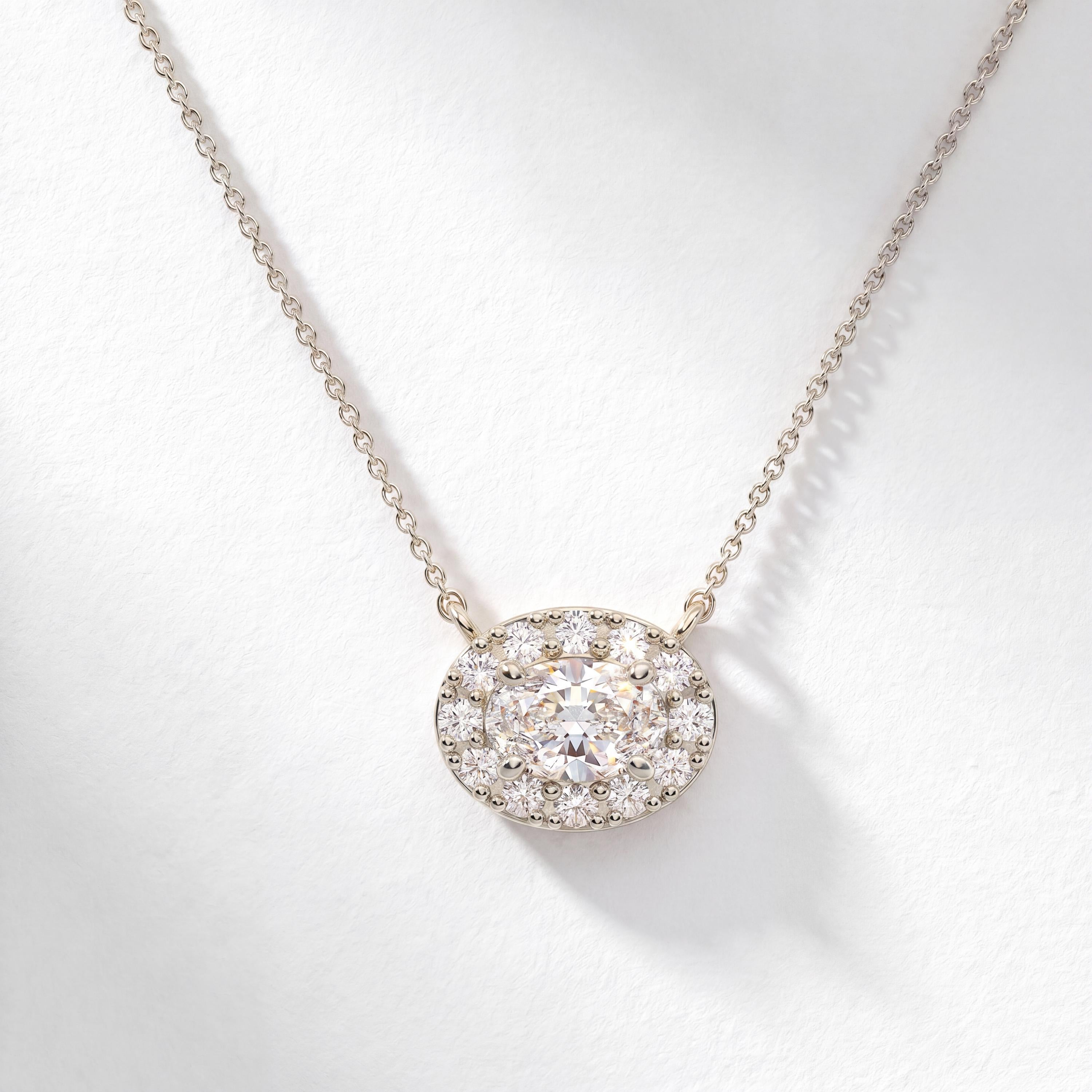 Oval Diamond Halo Dainty 14K Solid Gold Pendant Necklace