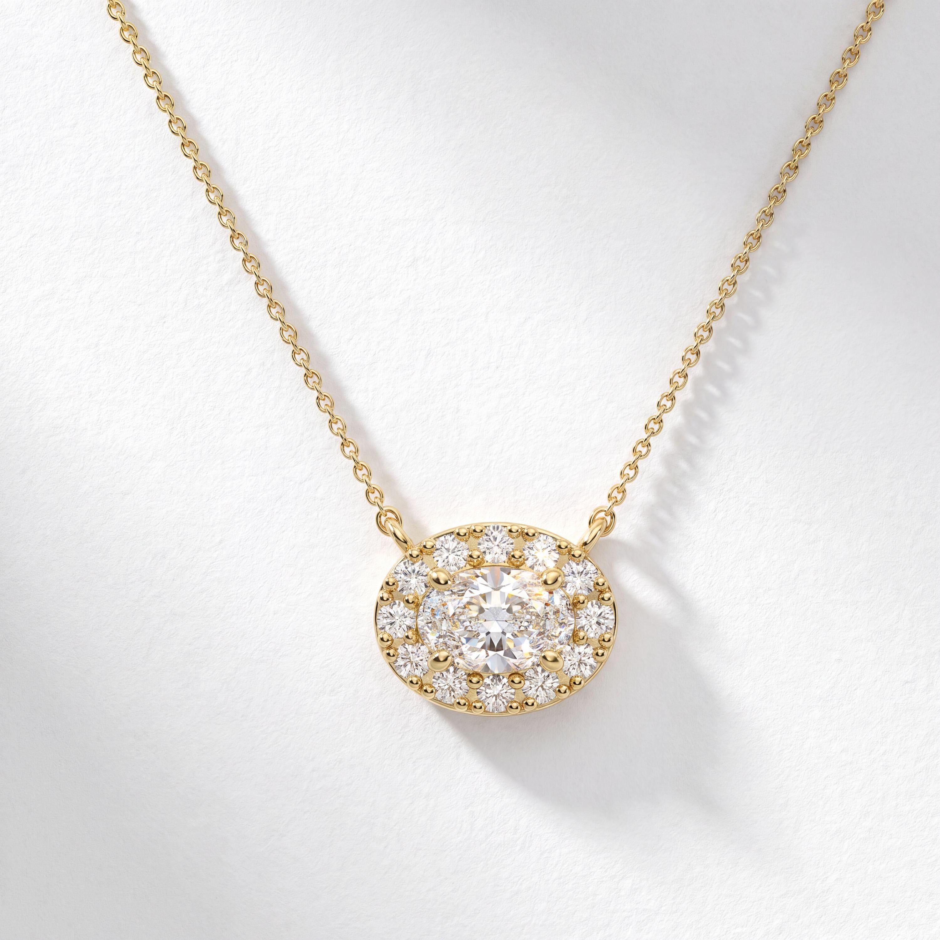 Oval Diamond Halo Dainty 14K Solid Gold Pendant Necklace