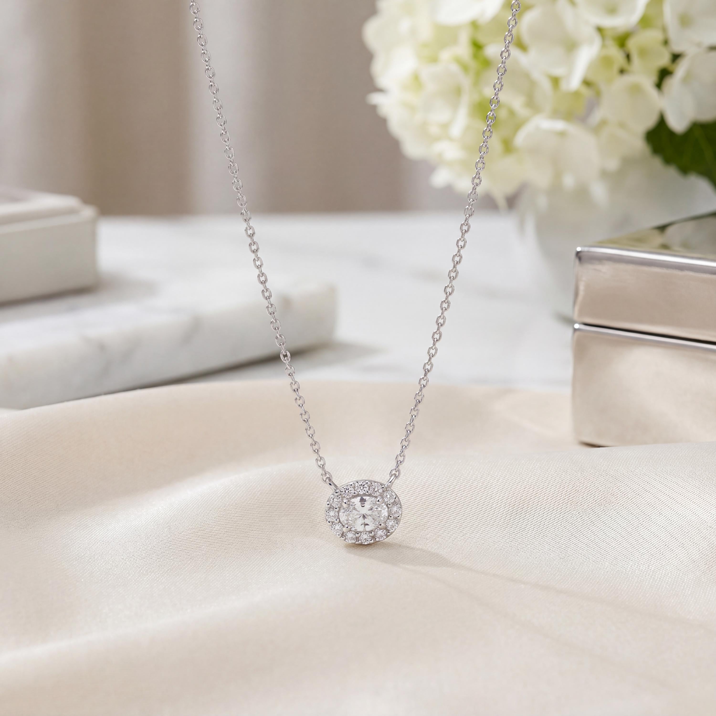Oval Diamond Halo Dainty 14K Solid Gold Pendant Necklace