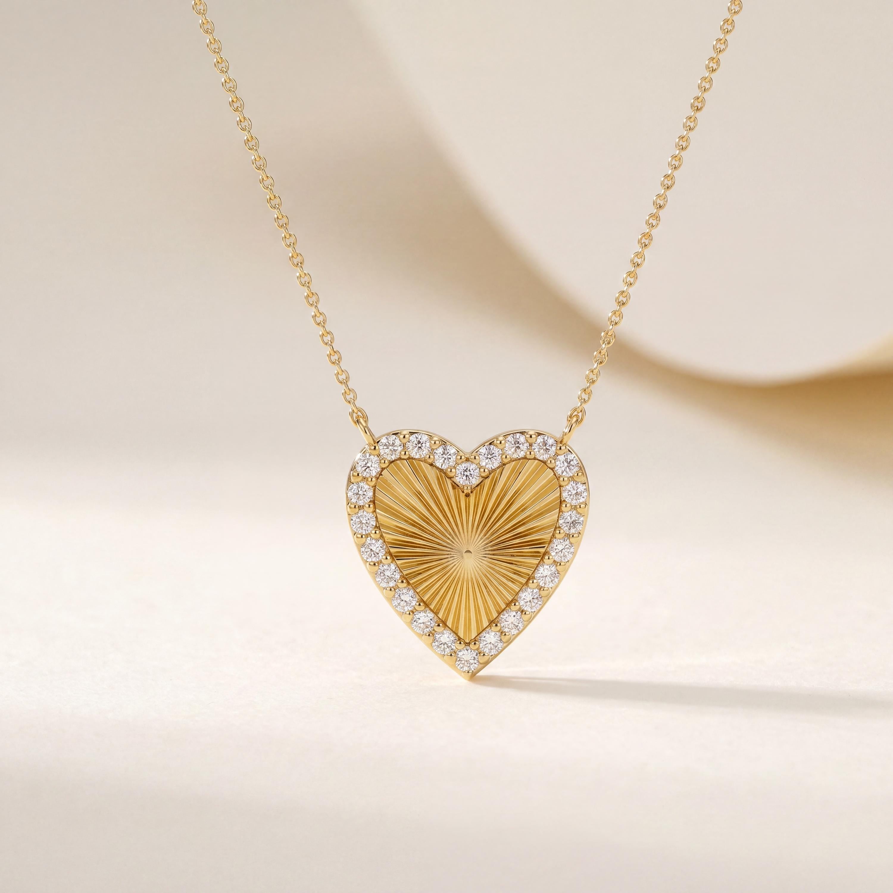 Diamond Fluted Dainty Sunburst Heart 14K Solid Gold Pendant Necklace