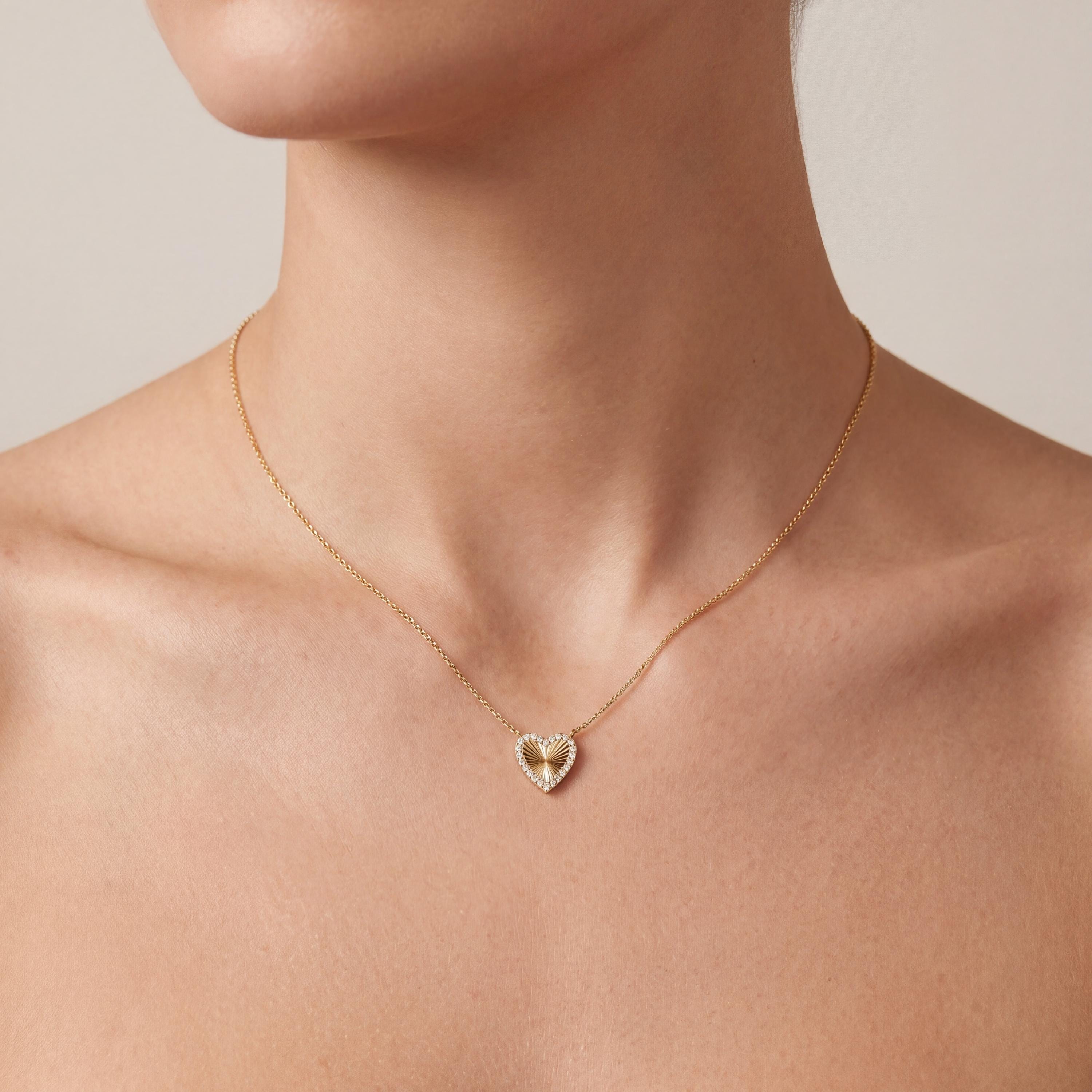 Diamond Fluted Dainty Sunburst Heart 14K Solid Gold Pendant Necklace